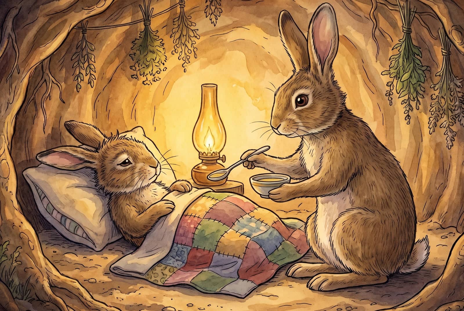 By lamplight in the rabbit hole, Peter lies on a pillow under a patchwork quilt while his mother sits up beside him, holding a spoon and a small bowl.