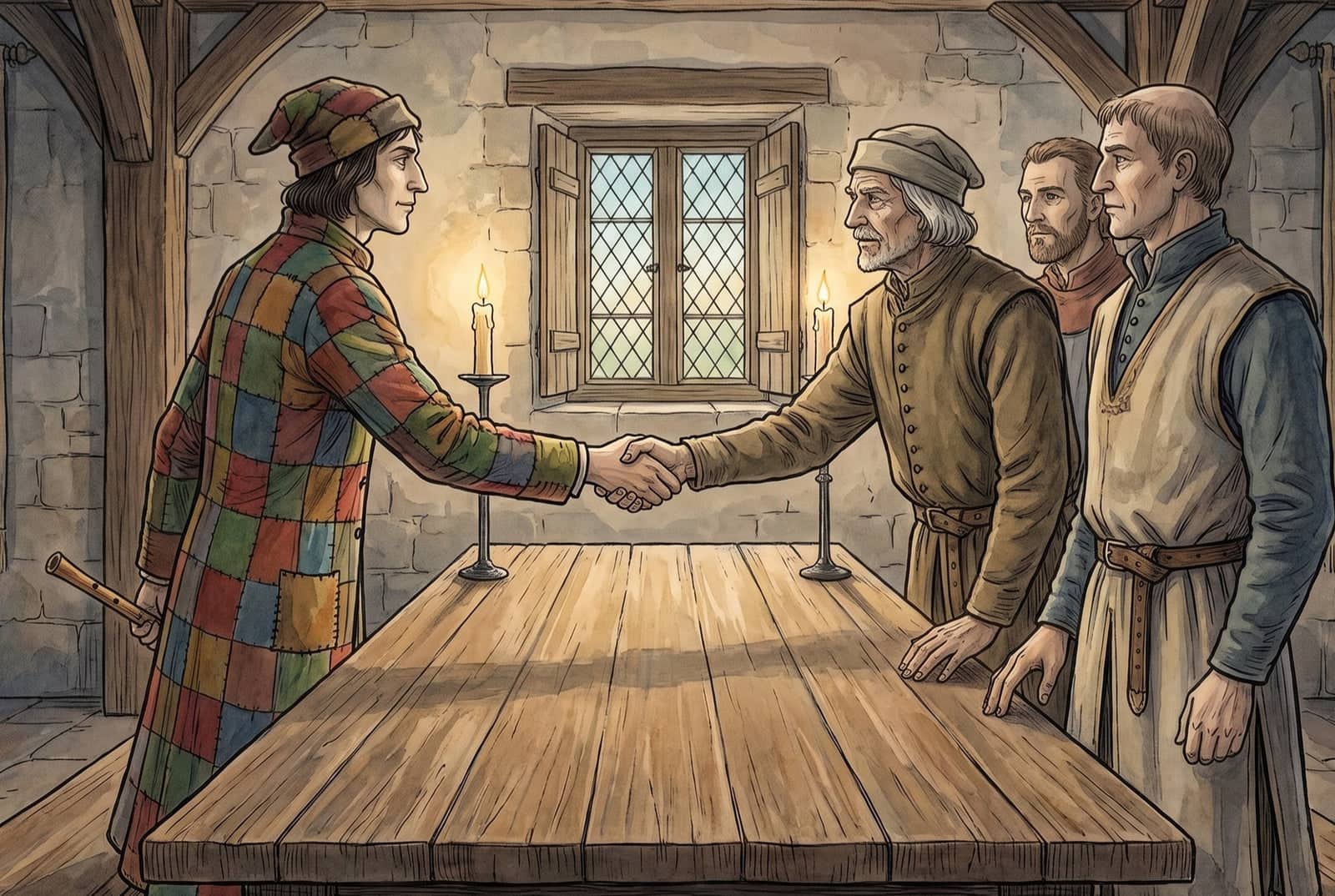 By candlelight the piper, in his coat of many colours, holds his pipe low and shakes hands across a long bare table with the eldest of three townsmen.