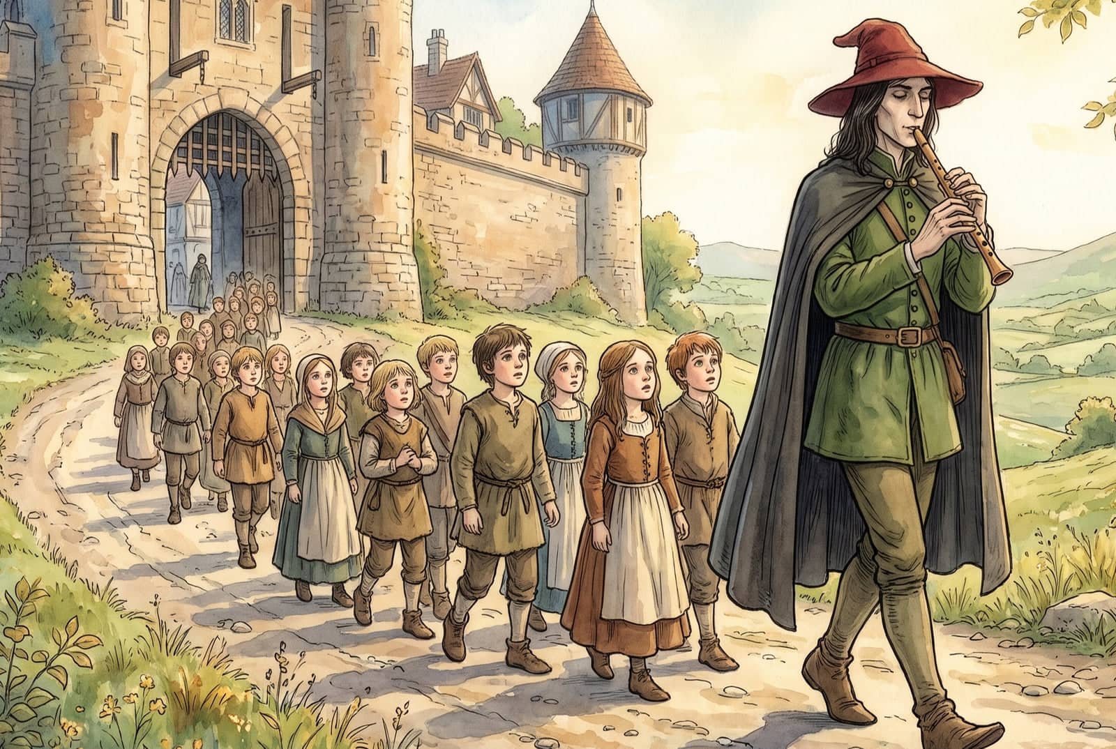 In a broad red hat, a plain green coat and a dark cloak, the piper plays his pipe down a dusty road from the town gate, children in brown wool following him.