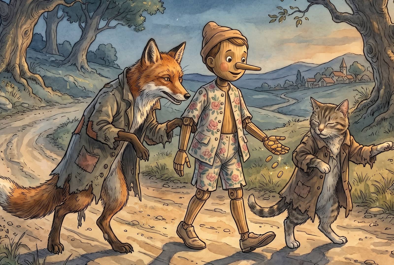 Na estrada de terra, a Raposa e o Gato, de pé e vestidos de trapos, se inclinam para as moedas de ouro que brilham na mão aberta do boneco.
