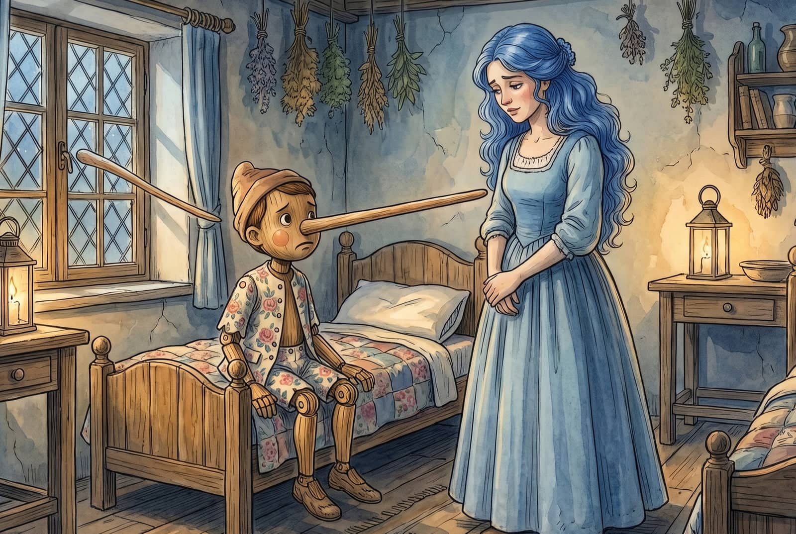 Sentado na cama, o boneco de madeira tem o nariz tão comprido que atravessa o quarto até a janela, e a Fada dos Cabelos Azuis o observa de mãos postas.