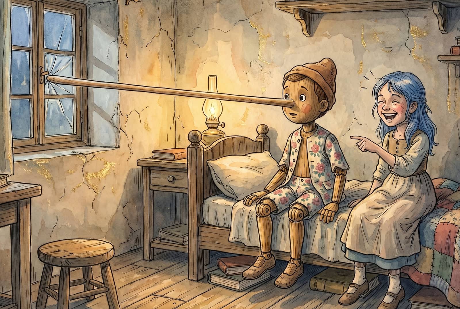 The wooden puppet sits on a bed, his nose grown right across the room to the window, while a little girl with blue hair laughs and points at him.