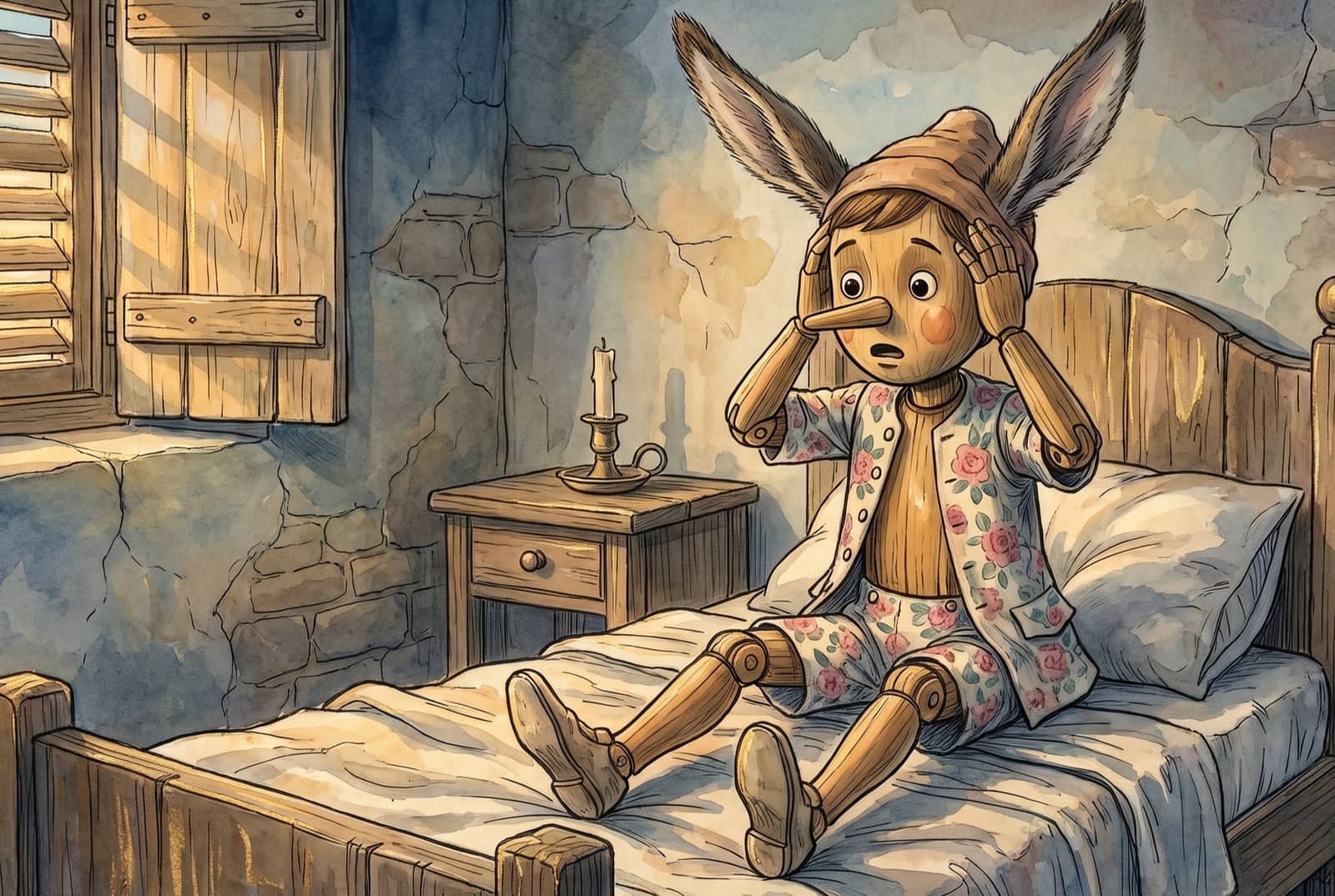 Sentado na cama ao amanhecer, o boneco de madeira aperta com as mãos duas orelhas compridas e peludas que nasceram sob o gorro, de olhos arregalados.