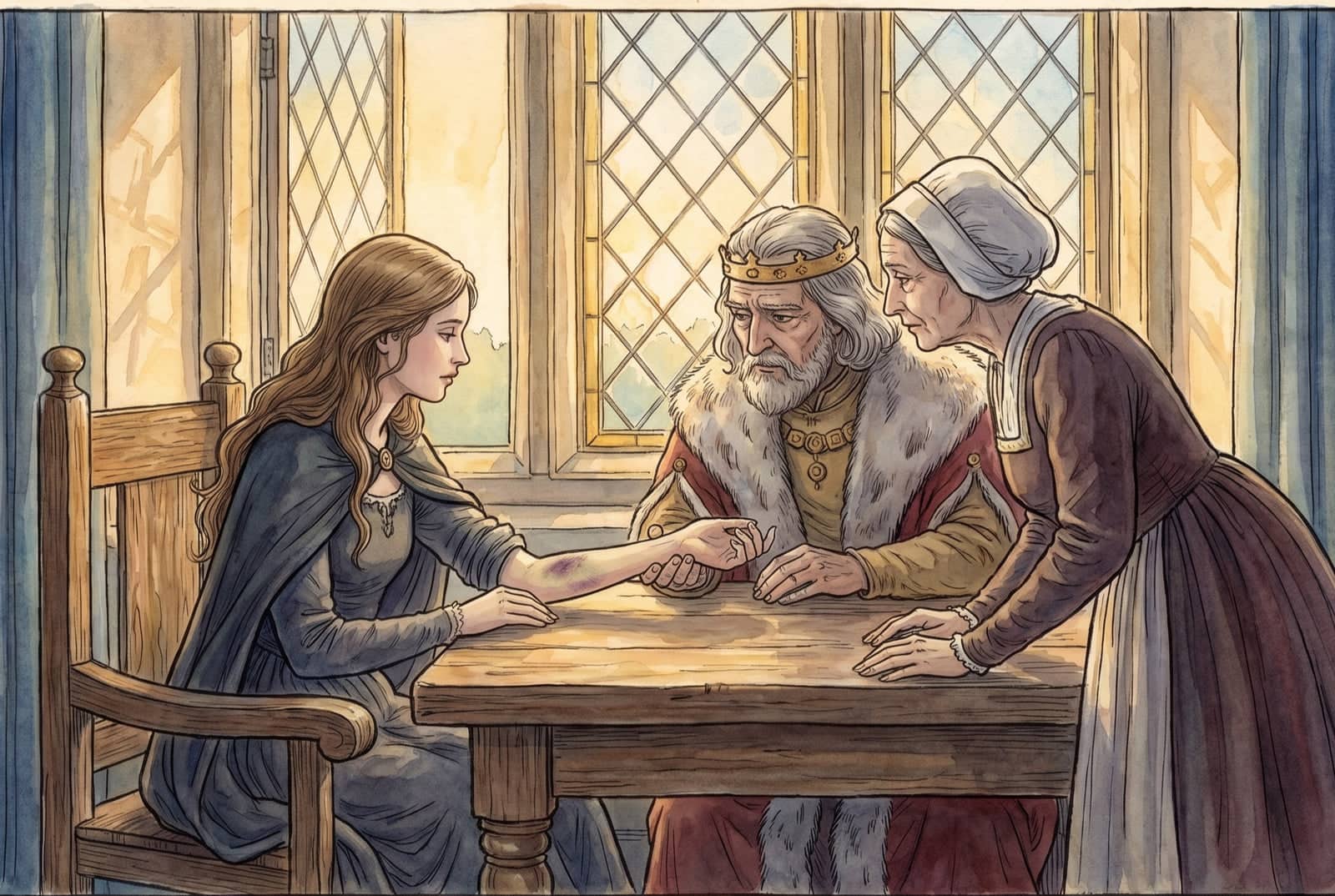 In morning light a young woman lays her bare forearm on a table to show a purple bruise, while a crowned old king and the old queen lean in to look.