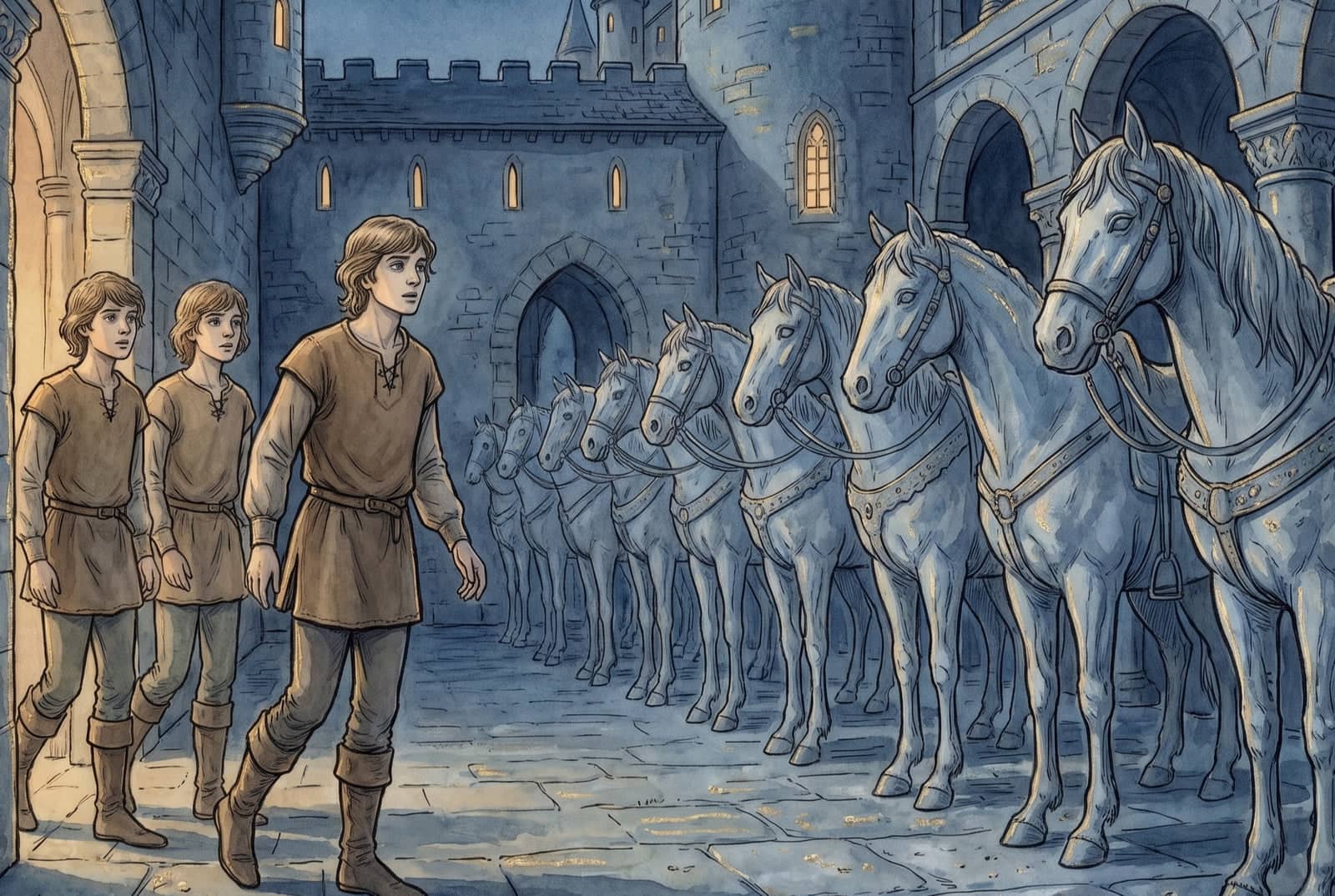 Tři mladíci v hnědých halenách vcházejí pod obloukem na nádvoří zámku, kde v modravém šeru stojí dlouhá řada koní ze šedého kamene.