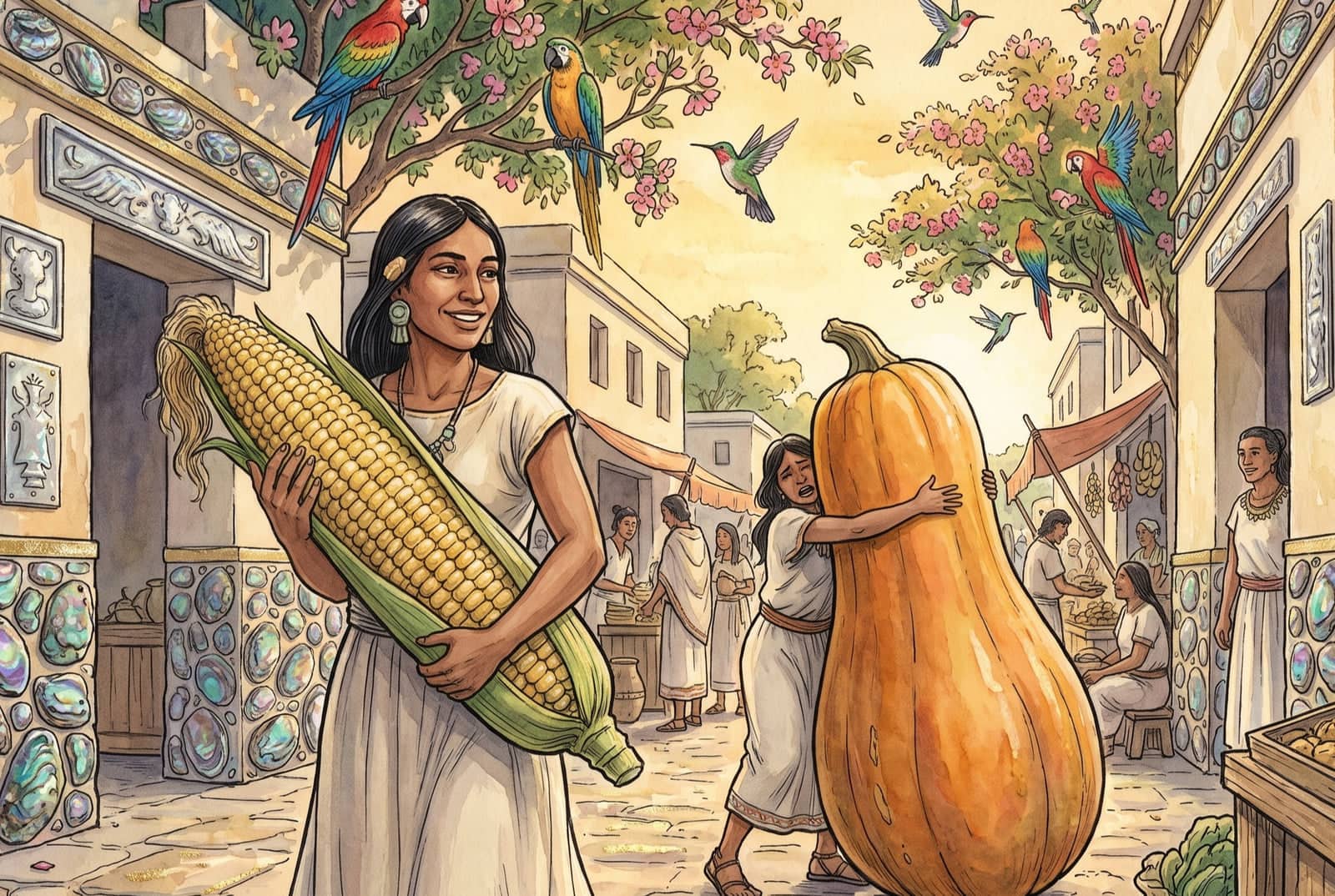 Una joven carga una mazorca enorme por una calle, entre casas de plata y concha; detrás, otra abraza una calabaza gigante, con guacamayas y colibríes arriba.