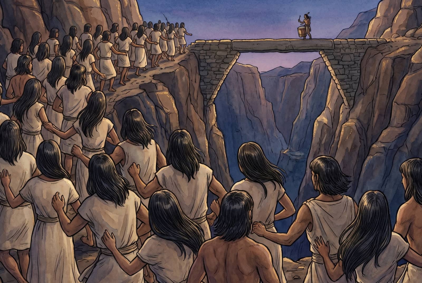 Una multitud de jóvenes de manta blanca, todos de espaldas, avanza bailando hacia un puente de piedra sobre una barranca; en el puente toca un tamborilero.