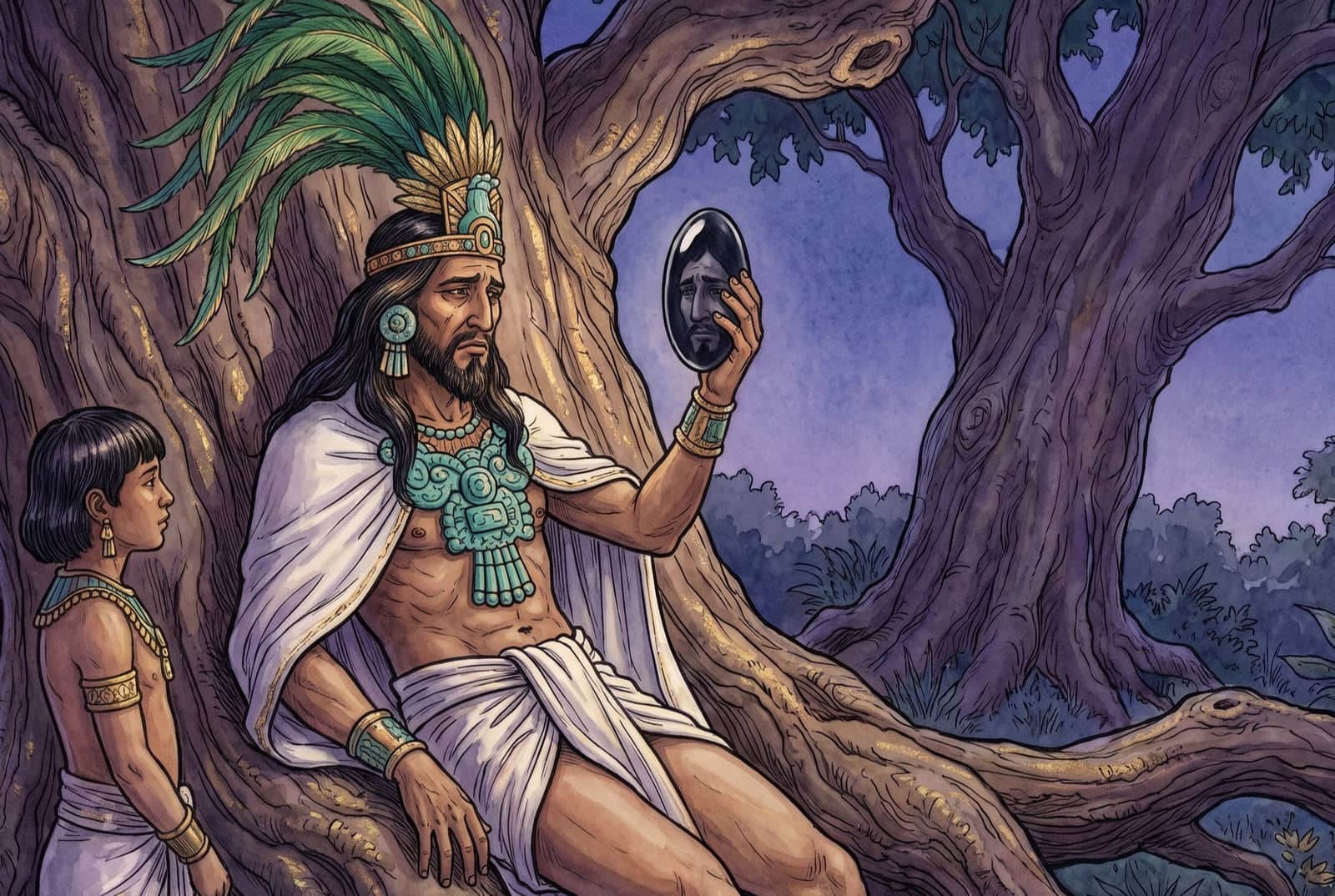 Recargado en las raíces de un árbol enorme, el sacerdote levanta un disco liso de obsidiana negra y ve en él su cara cansada; a su lado, un paje lo mira.