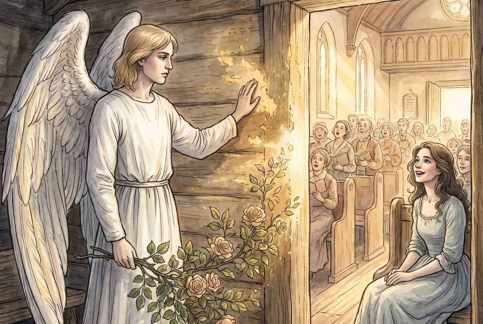 Un ange blond au rameau de roses touche le mur de la chambre ; il s’ouvre sur une église ensoleillée où chantent les fidèles, la jeune fille assise parmi eux.