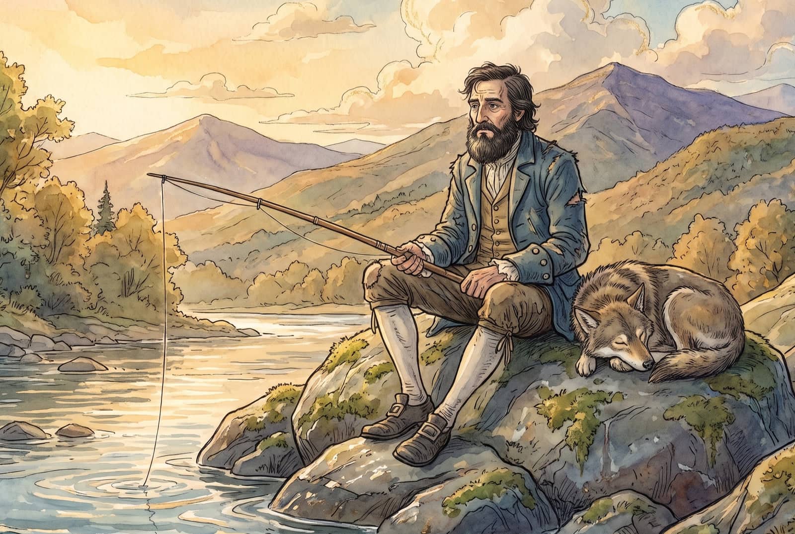 A dark-bearded young Rip Van Winkle fishes from a rock beside the river while his dog Wolf naps next to him, the Catskill Mountains glowing gold behind them.