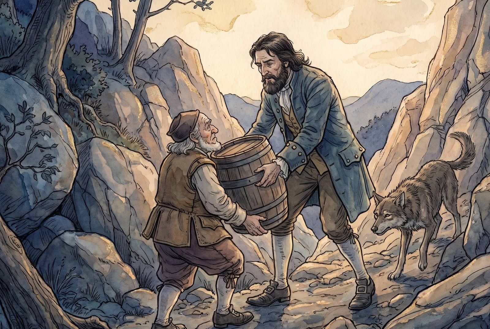 Young Rip Van Winkle helps a bearded old Dutchman in an antique cap carry a wooden keg up a rocky mountain gully, Rip’s dog Wolf sniffing warily behind them.