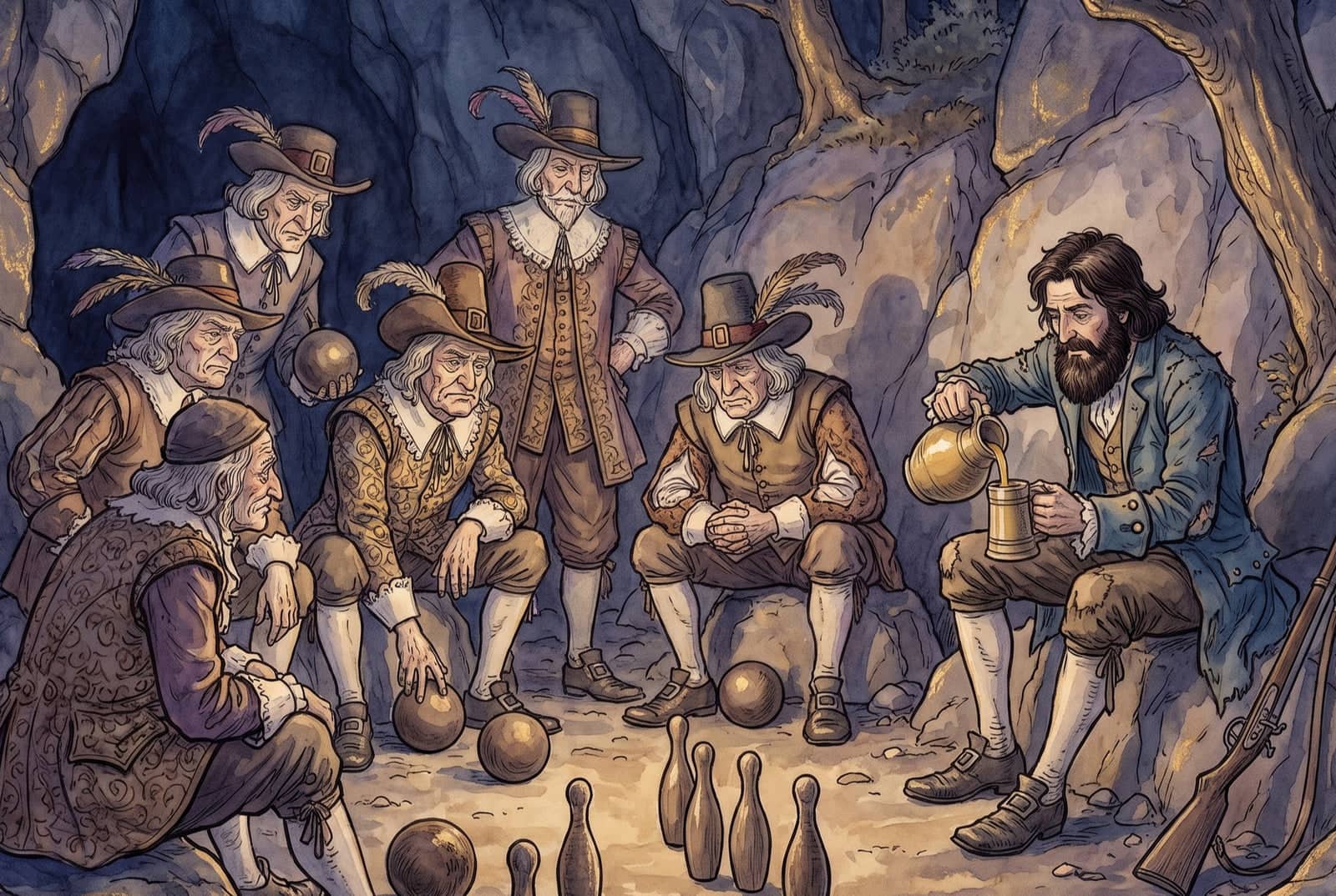 In a rocky mountain hollow, silent old men in antique plumed hats sit among scattered ninepins while young Rip Van Winkle pours drink from a flagon.