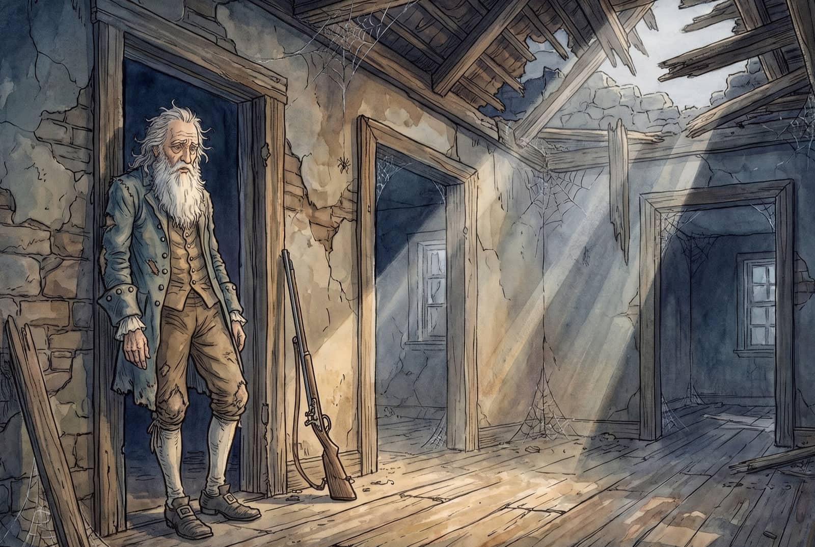 White-bearded old Rip Van Winkle stands in the doorway of his own house, its roof caved in and its rooms bare, with a rusty musket leaning beside him.