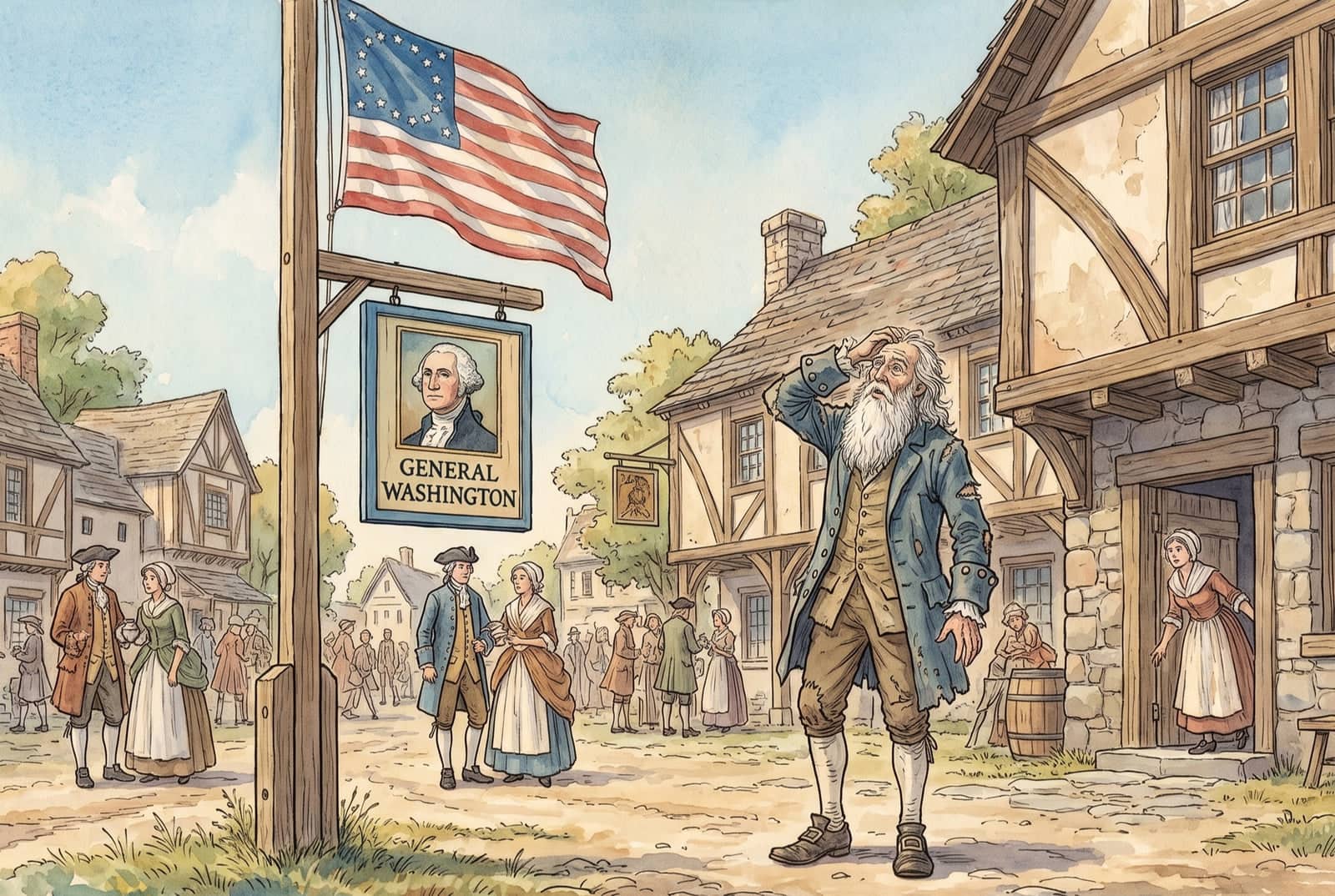 Bewildered old Rip Van Winkle stands in a busy village street, looking up at a flag of stars and stripes and an inn sign freshly painted with George Washington.
