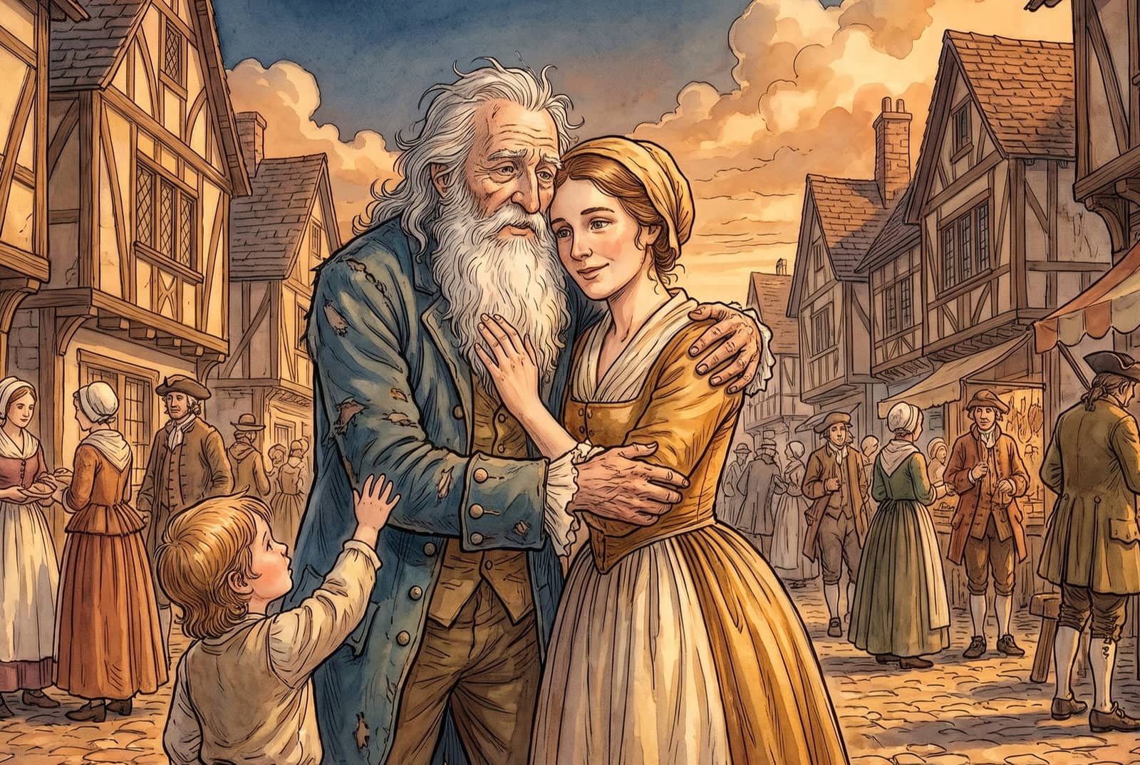 Old Rip Van Winkle embraces his grown daughter in a crowded village street while her small son tugs at his coat and reaches toward him.