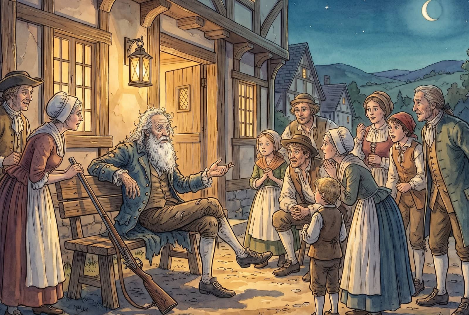 Old Rip Van Winkle sits on a bench outside the lantern-lit inn at night, telling his story to a circle of listening villagers under a crescent moon.