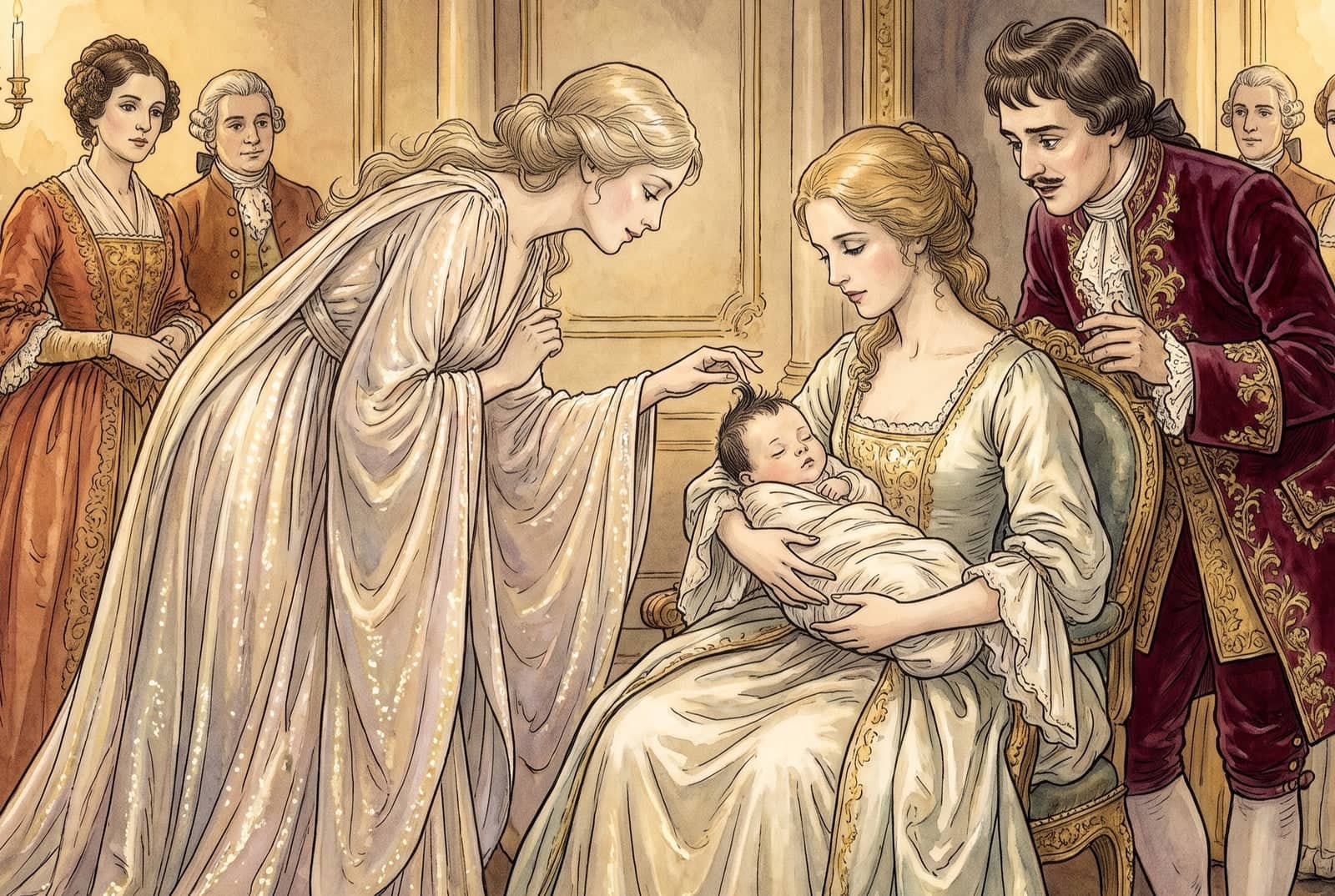 Une fée en robe claire se penche et pose les doigts sur la houppe d’un nouveau-né endormi dans les bras de la reine assise, devant la cour aux chandelles.