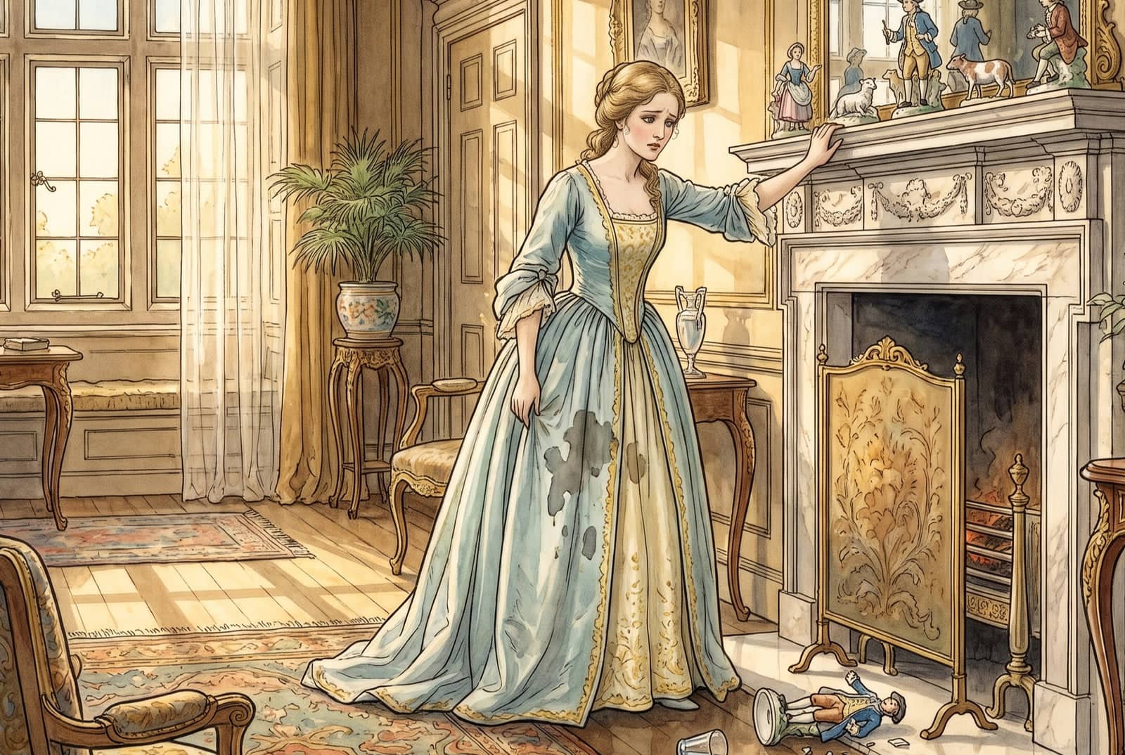 Dans un salon clair, une jeune femme en robe bleue tachée d’eau appuie la main sur une cheminée garnie de porcelaines. Une figurine et un verre gisent au sol.