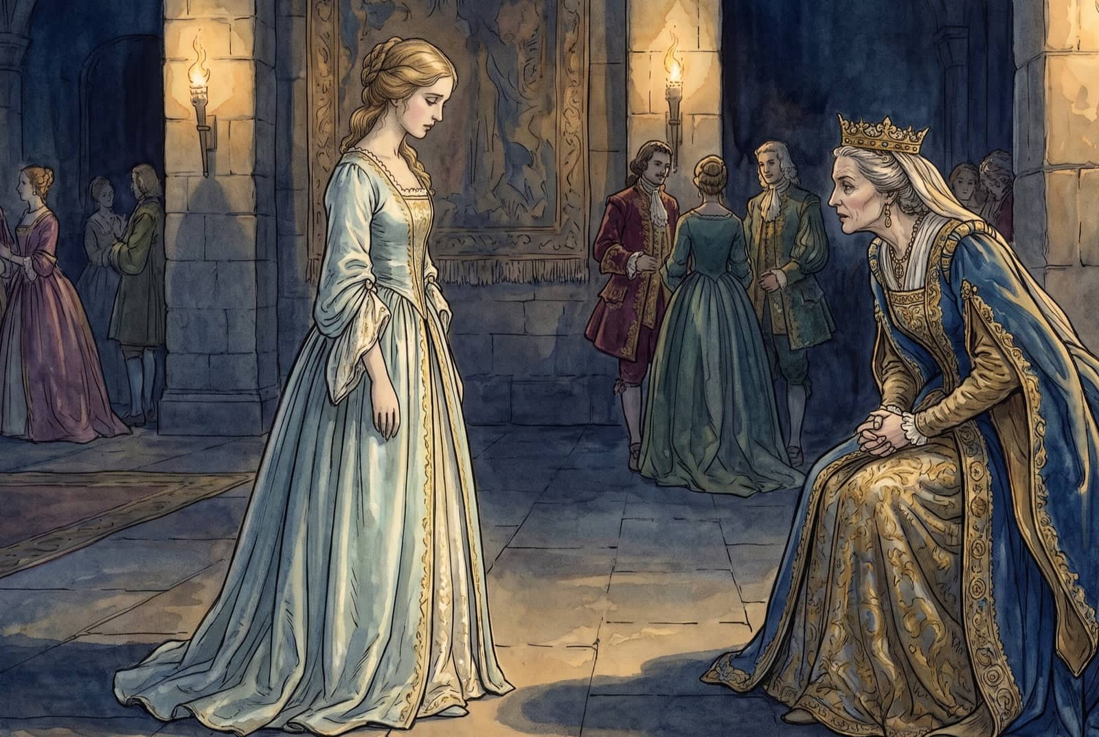 Dans une salle aux torches, une jeune femme baisse la tête devant une vieille reine couronnée, assise, qui se penche vers elle. La cour se tient à l’écart.