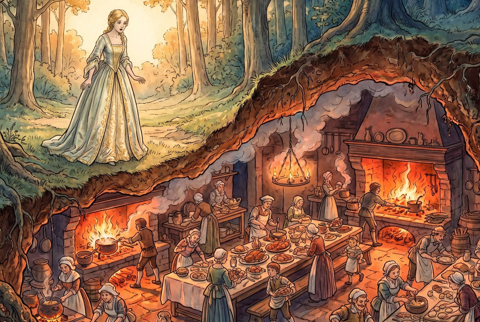 Sous les pieds d’une jeune femme stupéfaite, la terre ouverte laisse voir une cuisine immense où des dizaines de cuisiniers s’affairent aux feux.