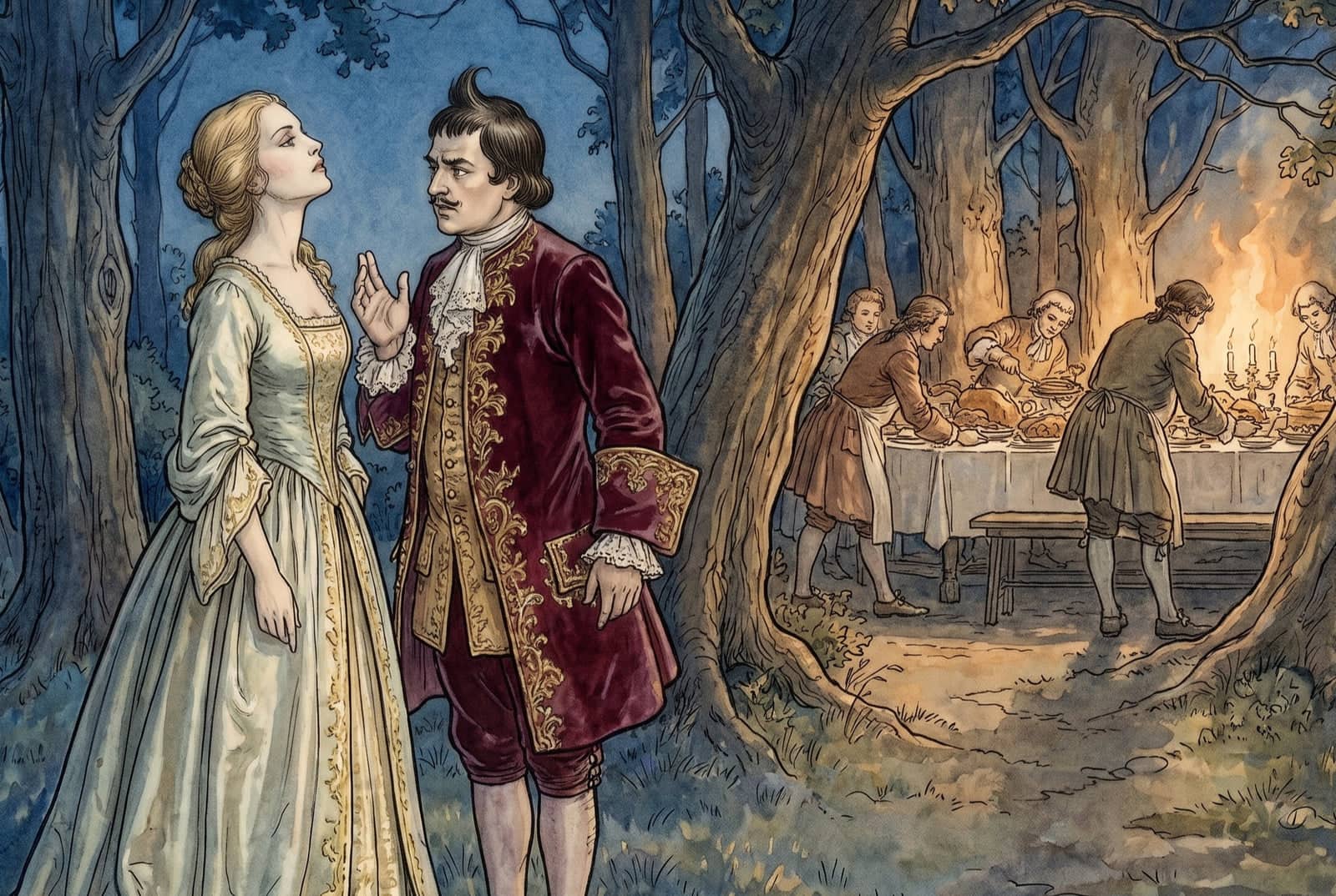 Au crépuscule, un homme en velours grenat, sourcils épais et houppe dressée, tend la paume vers une femme qui relève le menton. Au fond, on dresse une table.