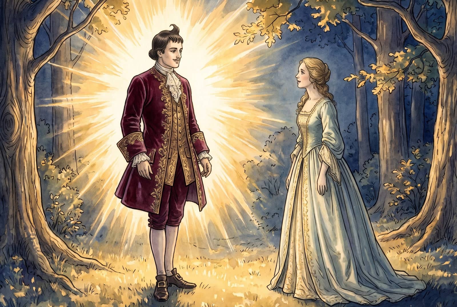 Une lumière dorée éclate derrière un jeune homme en velours grenat au visage fin, la houppe dressée sur la tête. À quelques pas, une jeune femme le regarde.