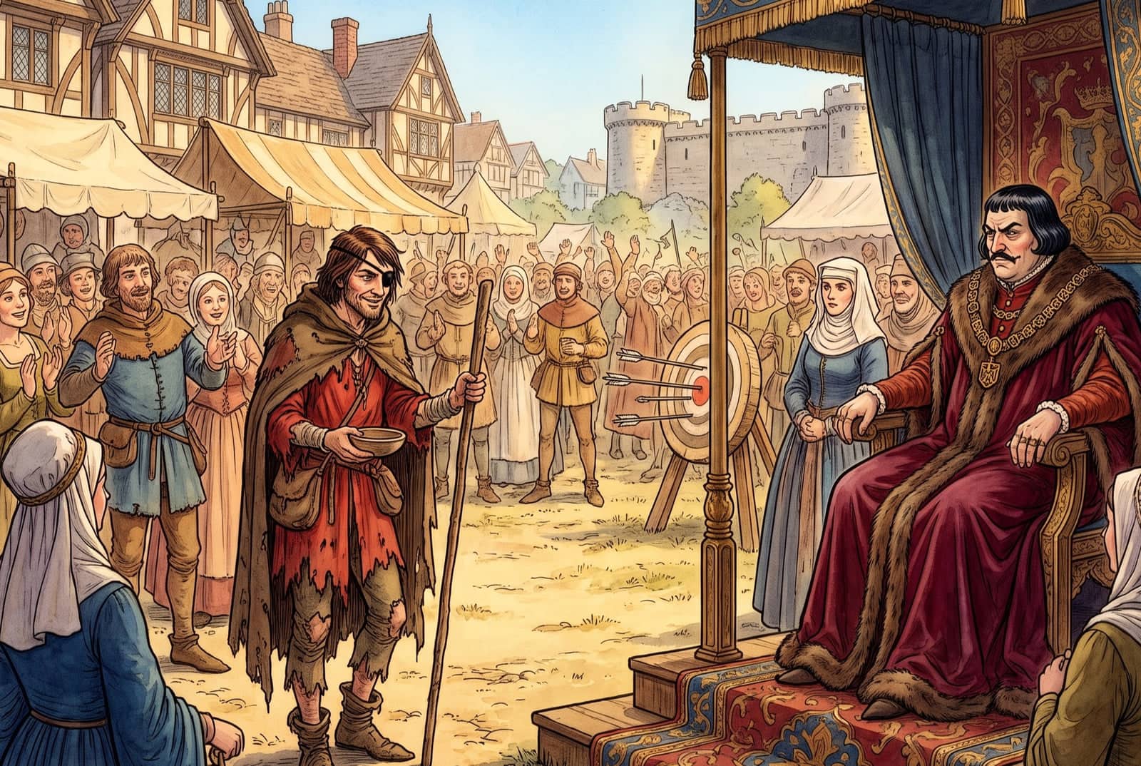 A brown-haired beggar in tattered scarlet rags, a patch over one eye and a bowl in his hand, stands in a cheering crowd before the scowling sheriff on his dais.