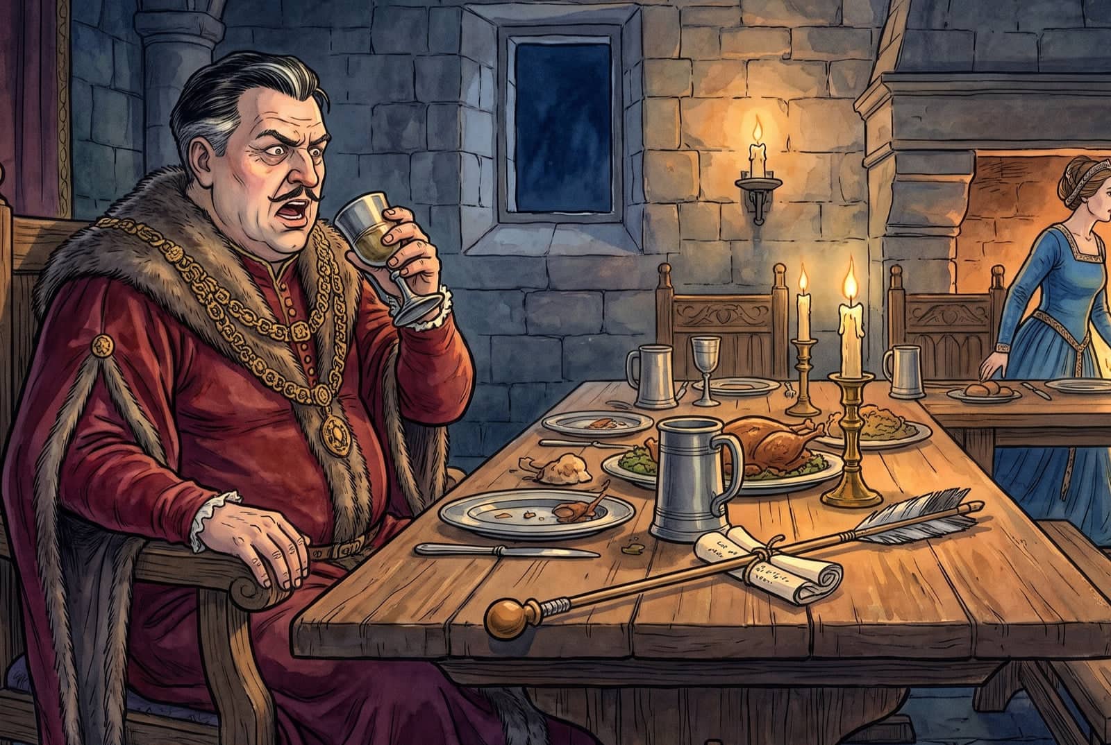 The sheriff sits at supper with a goblet at his lips and eyes wide, an arrow with a note tied to it lying among the dishes, as his wife in blue slips away.