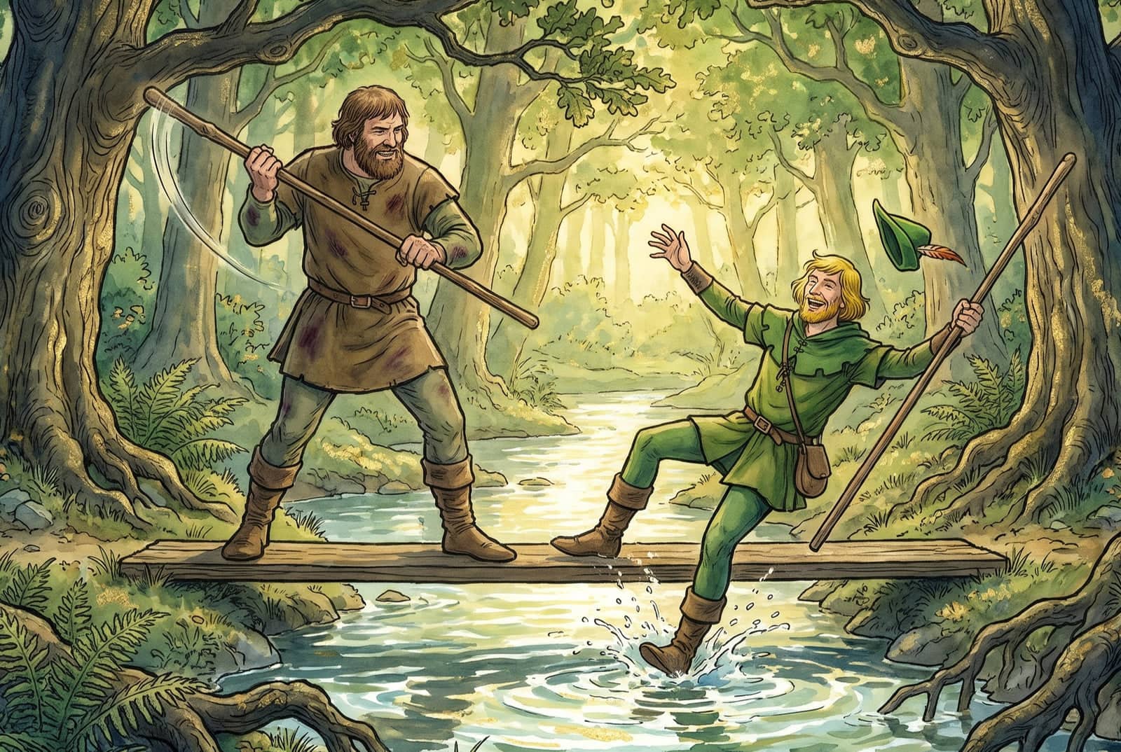 On a narrow plank bridge a tall bearded man swings his staff as a laughing yellow-haired man in green tumbles toward the stream, his cap flying off.