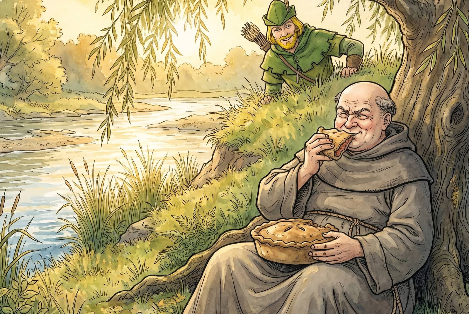 A stout friar sits against a willow by the river, a meat pie in his lap and a piece at his lips, as a grinning yellow-haired man in green peers over the bank.