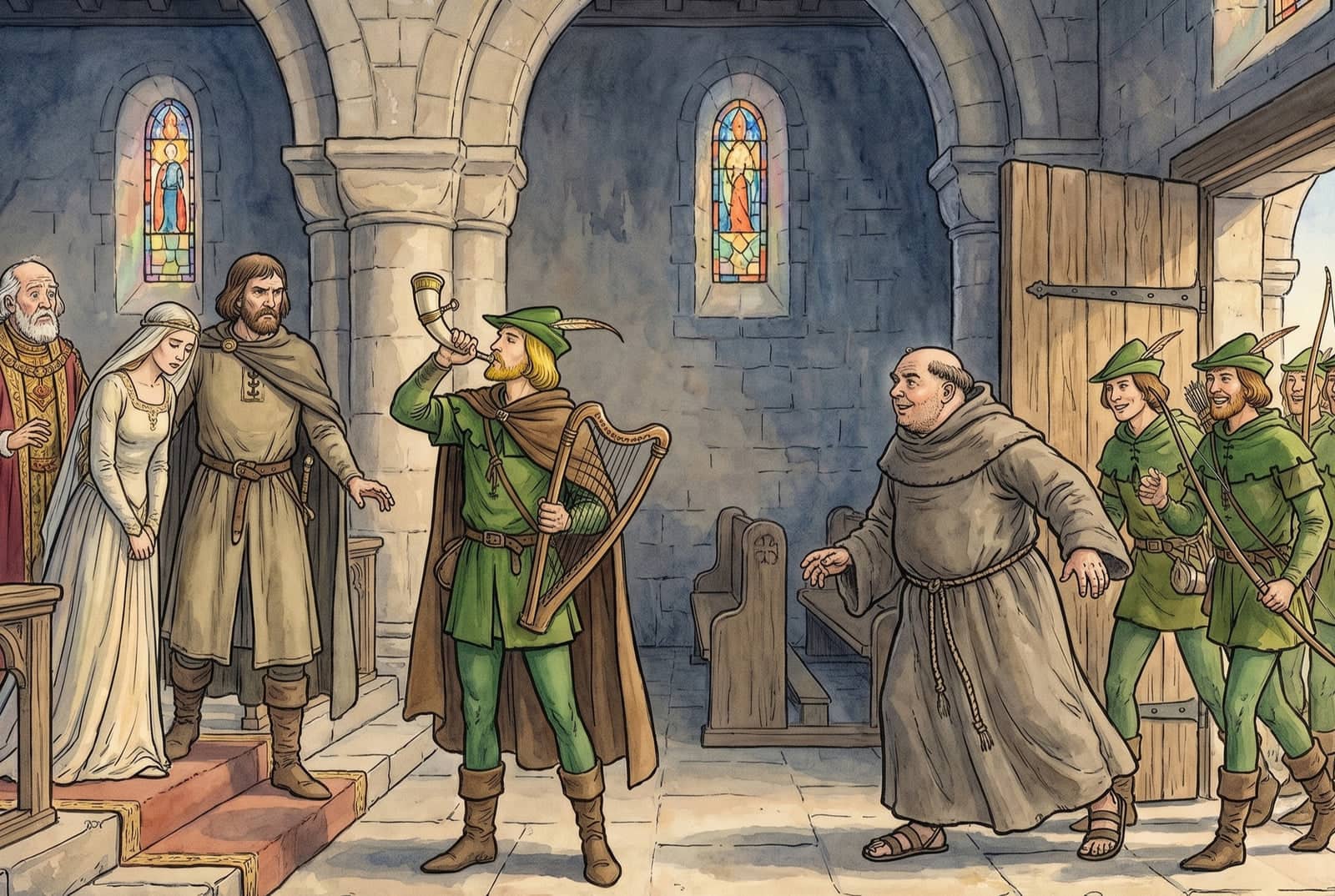 In a stone church, Robin Hood in green blows a horn, a harp under his arm, as a sad bride and her elders look on and Friar Tuck leads the merry men in.