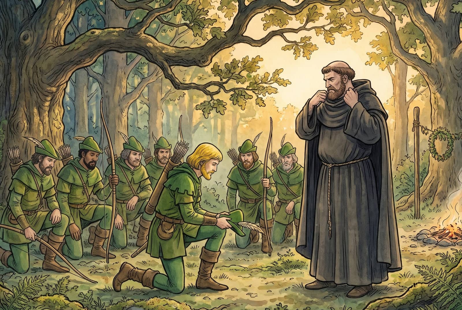 In a forest clearing a yellow-haired man kneels with his cap in his hands before a strong bearded man in a dark habit, his men in green kneeling behind him.