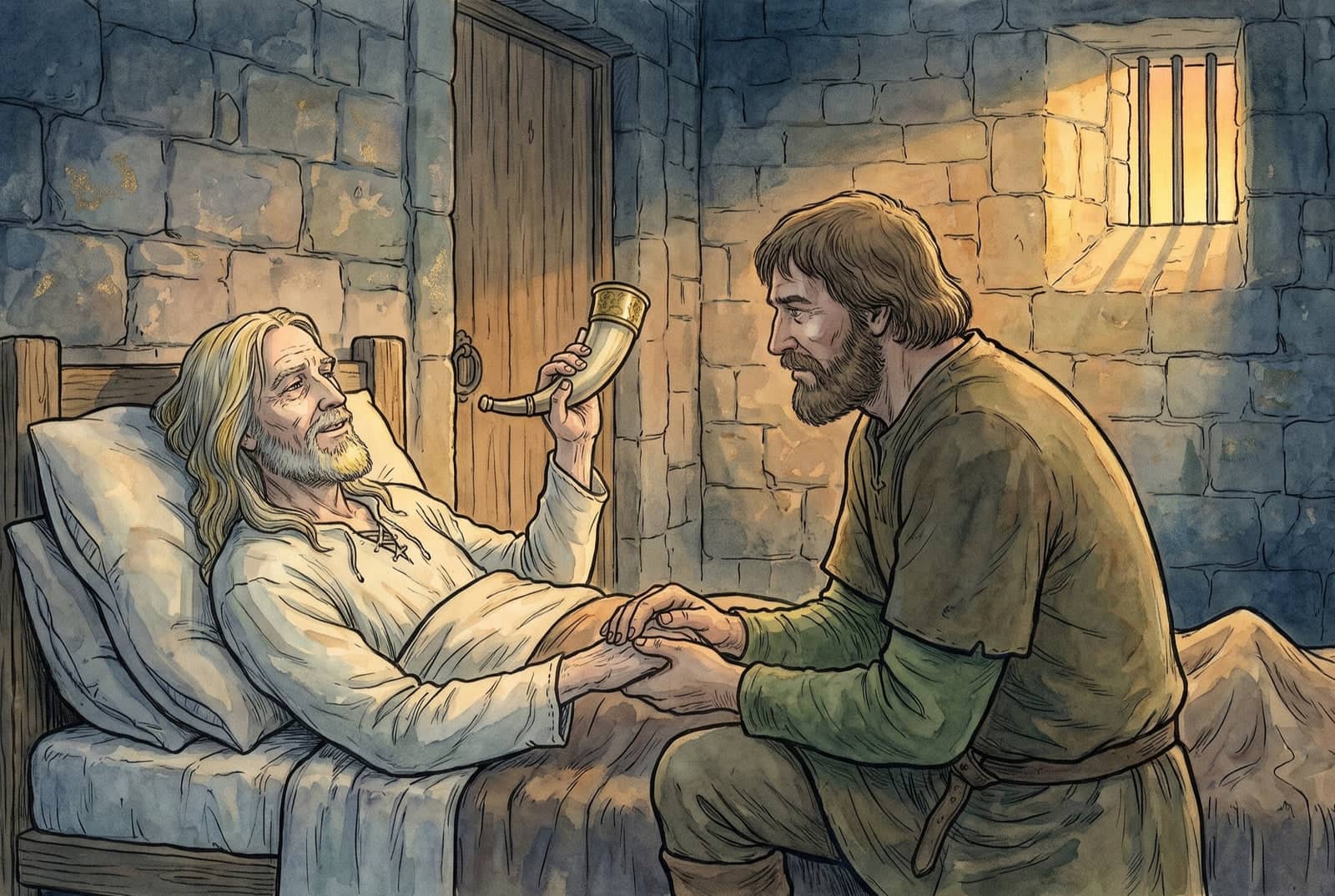 A gray-bearded old man in a narrow bed lifts a horn and smiles as a bearded man kneels beside him holding his hand, in a stone room with a barred window.