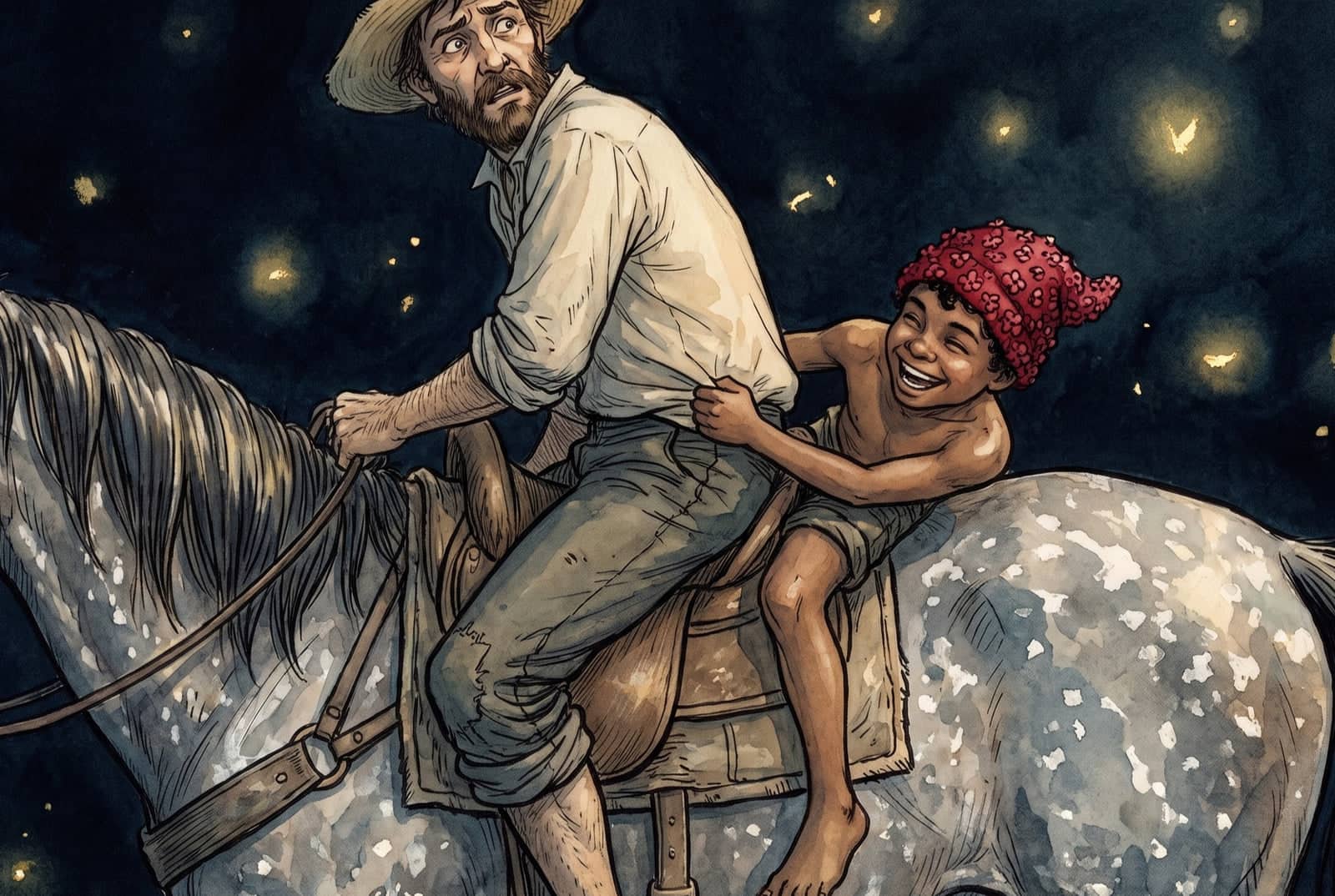 No escuro, o tropeiro vira a cabeça assustado e vê na garupa o menino de gorro vermelho rindo, agarrado à cintura dele, com a única perna pendurada de lado.