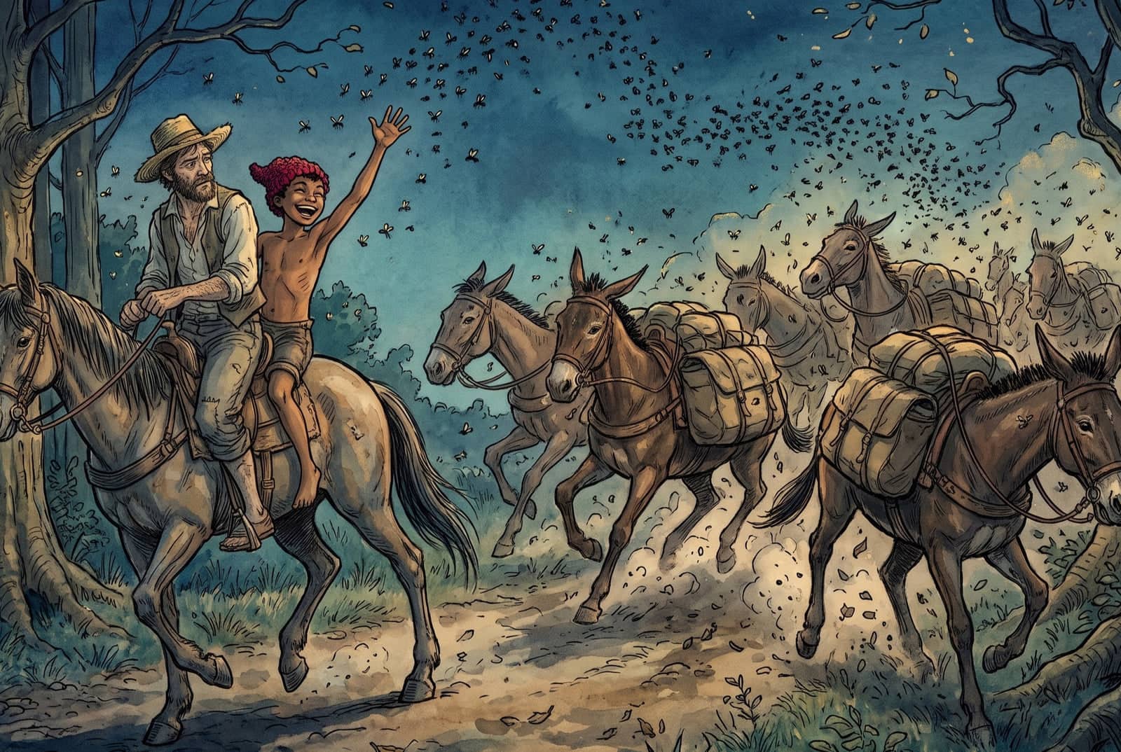 As mulas cargueiras disparam para fora da picada sob um enxame escuro; atrás delas, na garupa do cavalo, o menino de gorro vermelho ri de braço erguido.