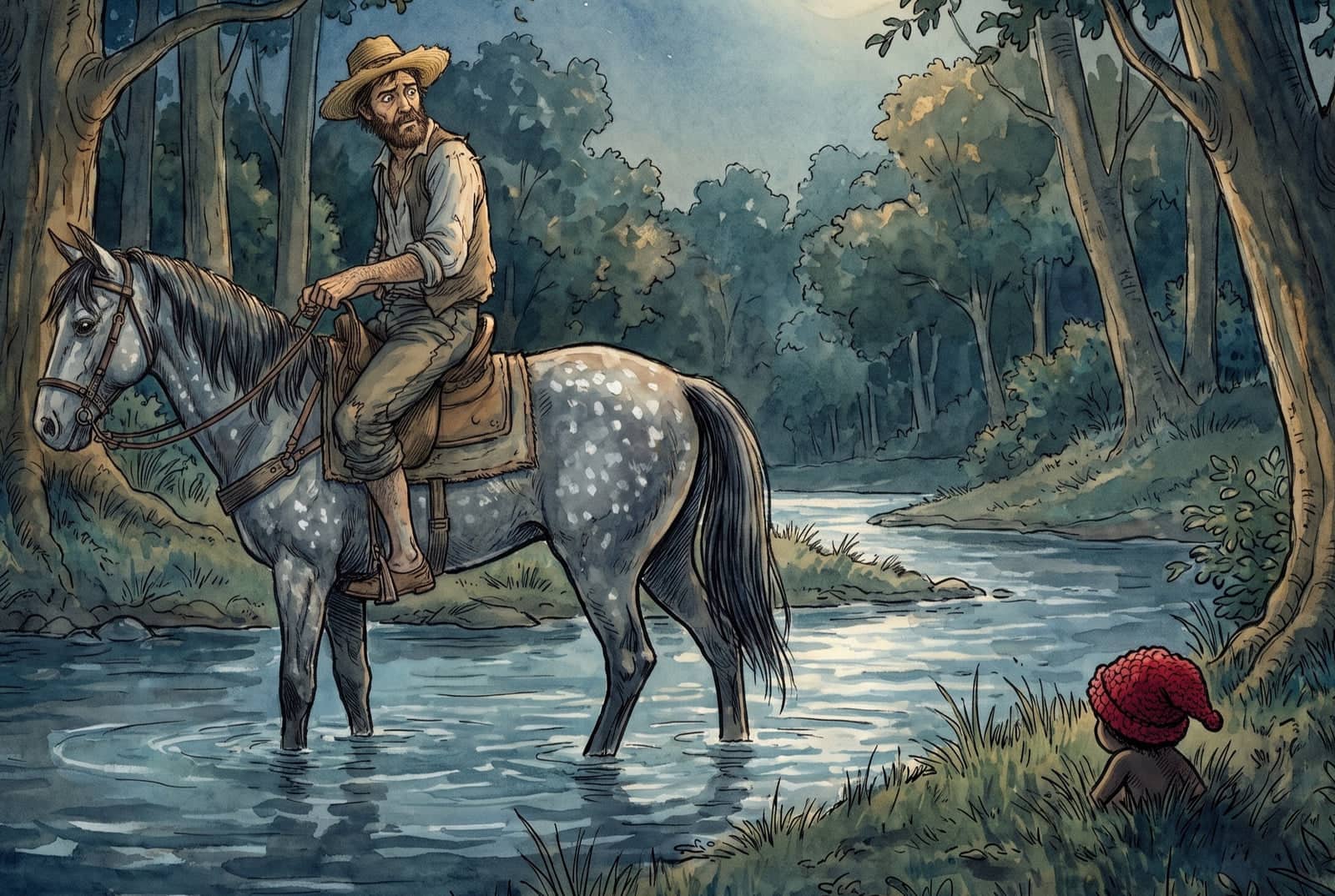Parado na água rasa da sanga sob a lua, o tropeiro olha para trás com a garupa vazia; na margem, o gorro vermelho e o vulto escuro do menino no capim.