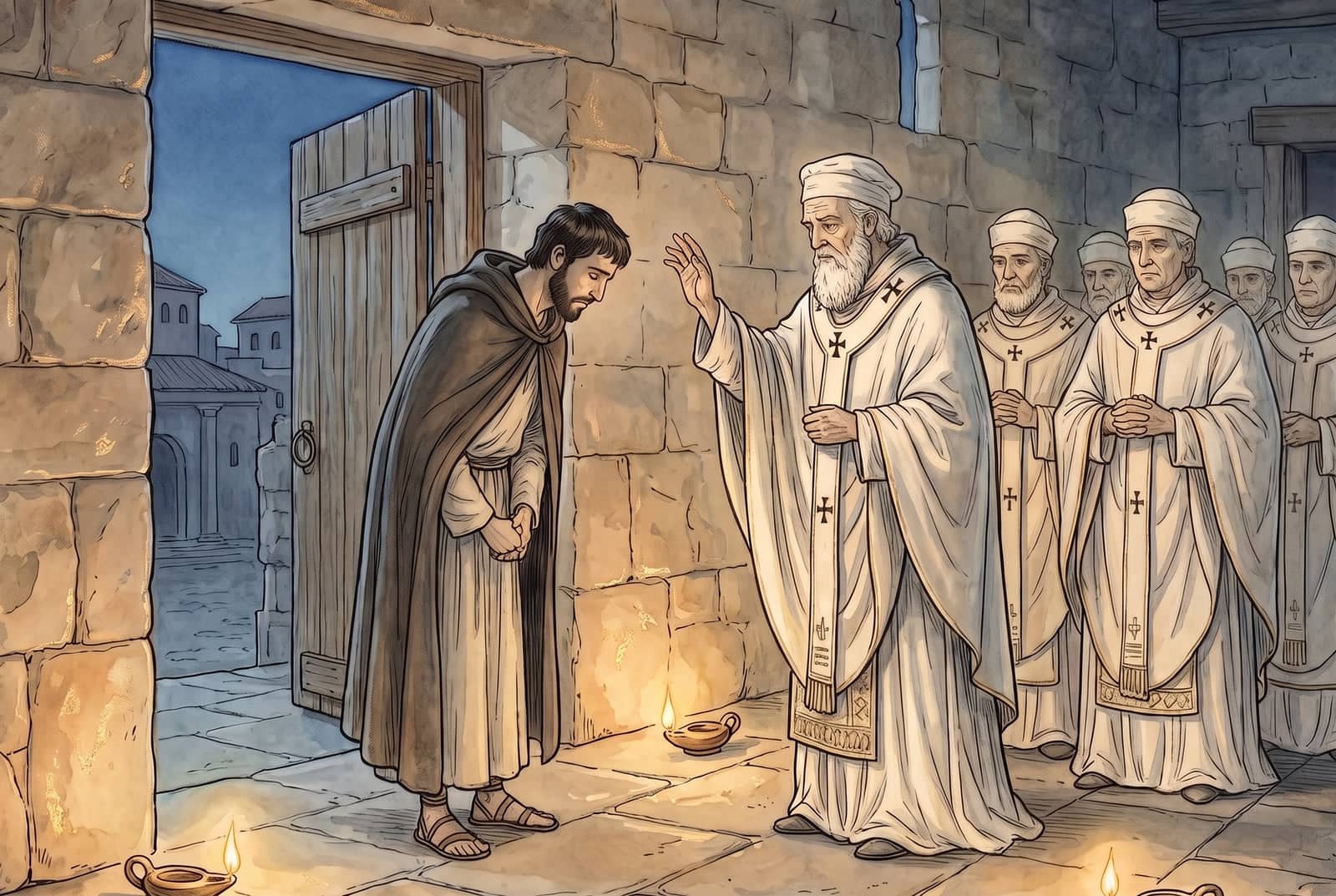 Na porta de uma igreja de pedra, antes de clarear, Nicolau baixa a cabeça diante de um velho bispo de barba branca que ergue a mão; atrás, outros bispos.