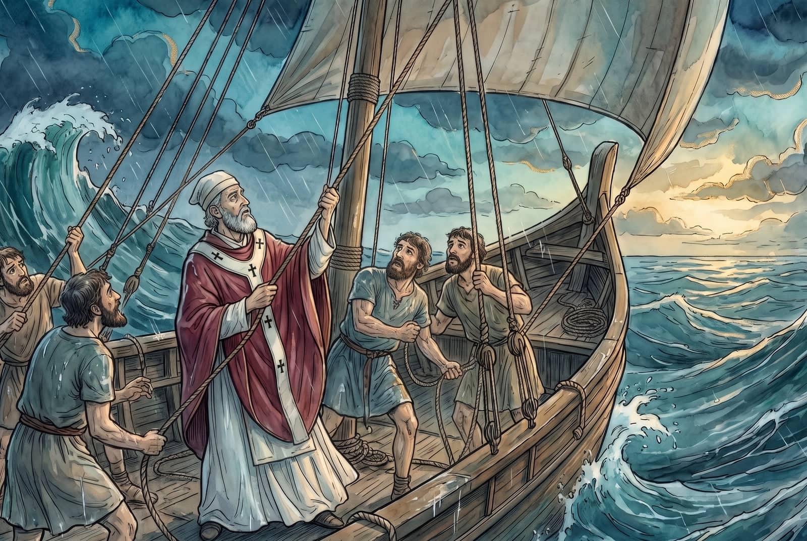 Num navio na tempestade, Nicolau, de barba grisalha e roupas de bispo, puxa uma corda com quatro marinheiros, dois deles espantados; ao lado, ondas enormes.