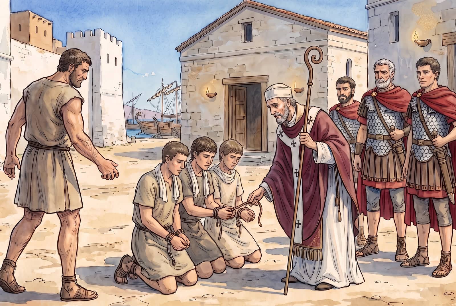 Numa praça perto do porto, Nicolau, de roupas de bispo e cajado, desamarra três soldados ajoelhados; o carrasco está de mãos vazias, e três generais olham.