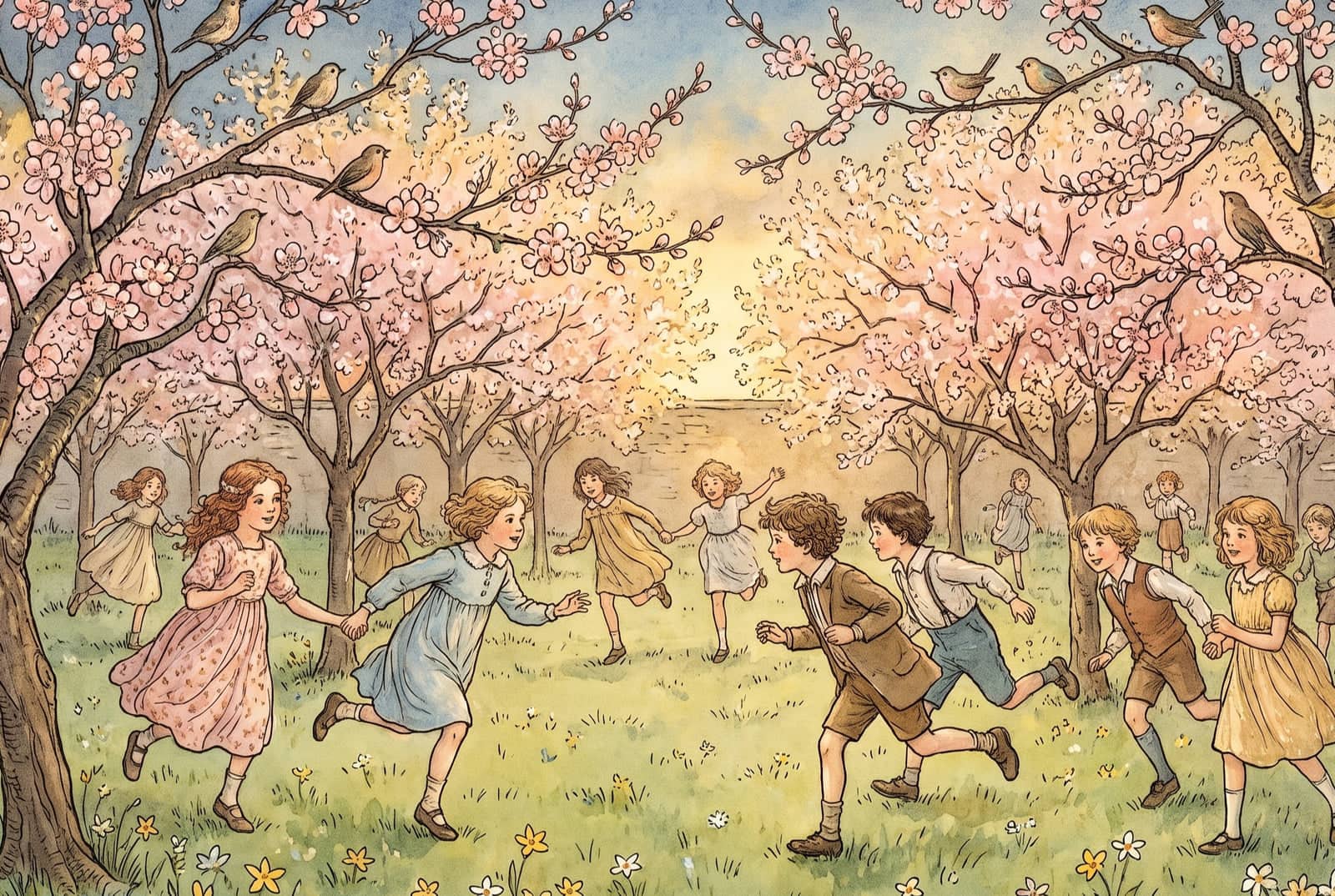 Children run and play on the grass under peach trees in full pink blossom, with small birds sitting in the branches above them.