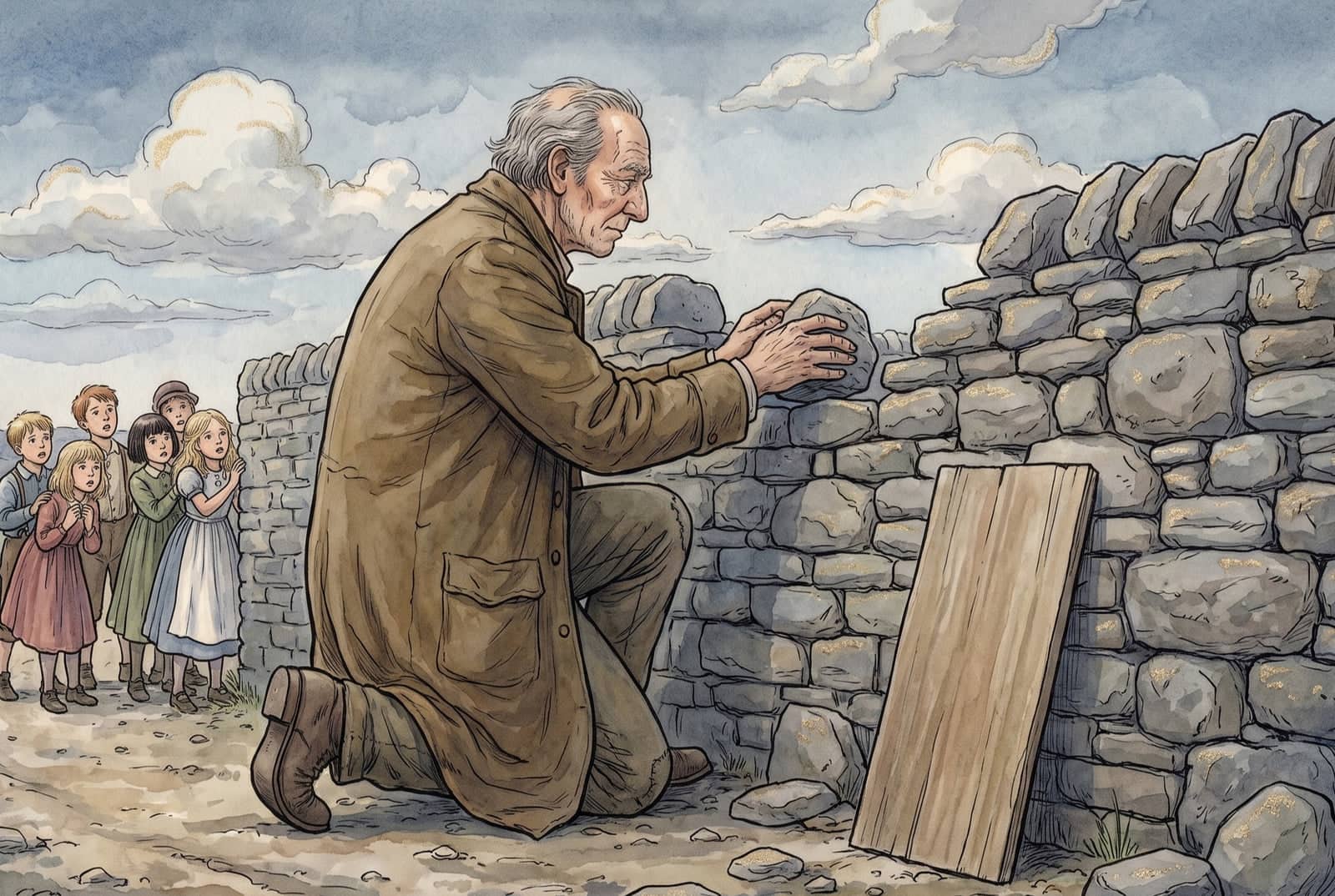 The giant kneels to lay a stone on the high wall he is building, a plain wooden notice board propped against it, while children watch from the road.