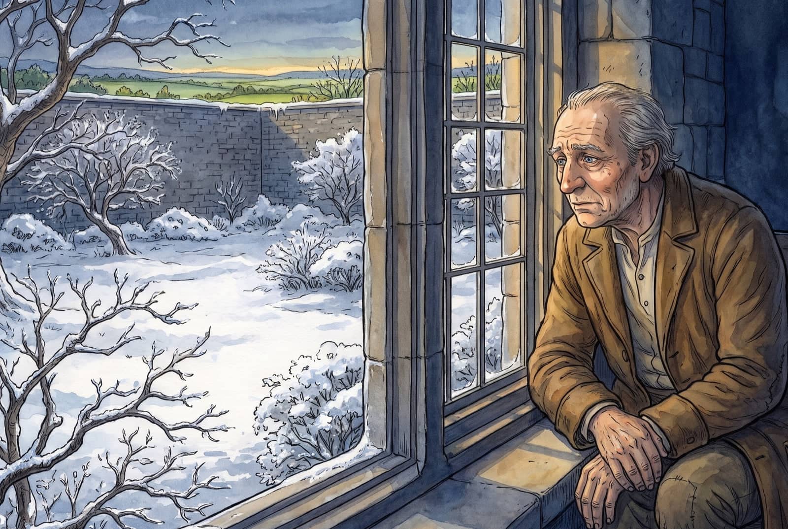The giant sits at his window in a dark room, looking out at his garden under deep snow, with green fields showing beyond the wall.