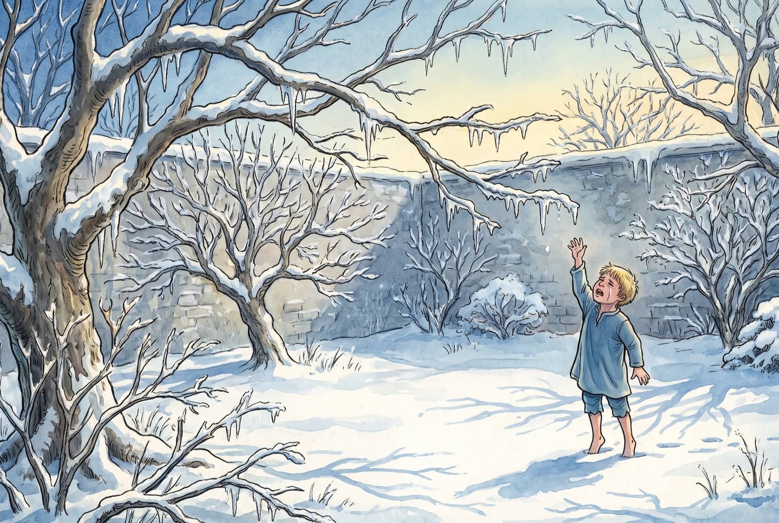 A small barefoot boy in a blue smock cries in the snow, one arm stretched up towards a frosted branch hung with icicles, his fingers short of it.