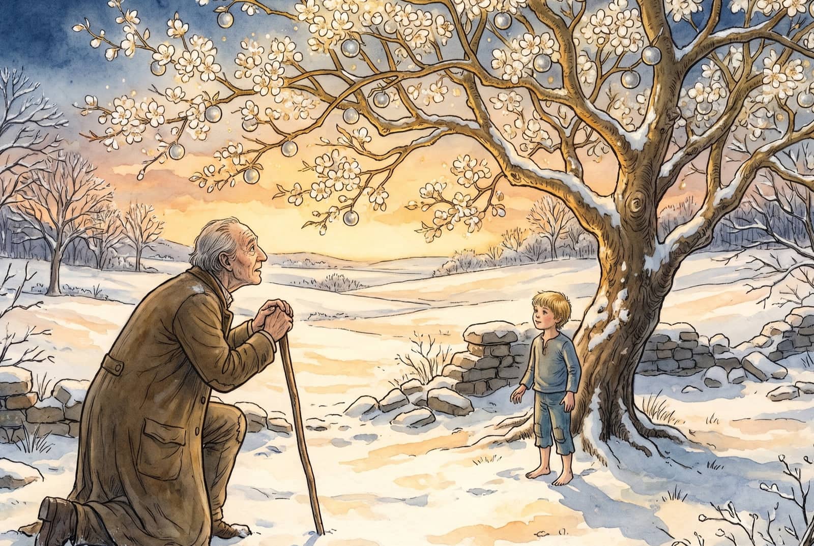 The old giant kneels in the snow, leaning on a stick, before the little boy standing under a tree of white blossom with golden branches and silver fruit.
