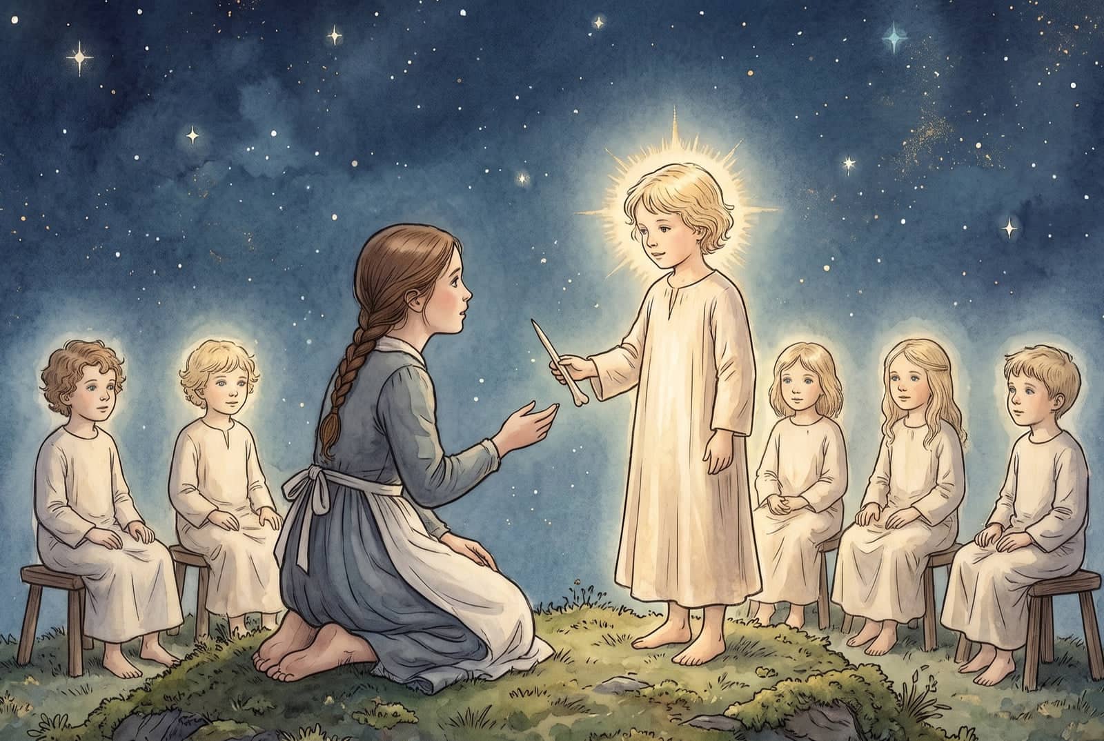 A kneeling girl reaches out while the Morning Star, a child in a pale robe haloed in rays of light, offers her a thin bone; the other stars sit on low stools.