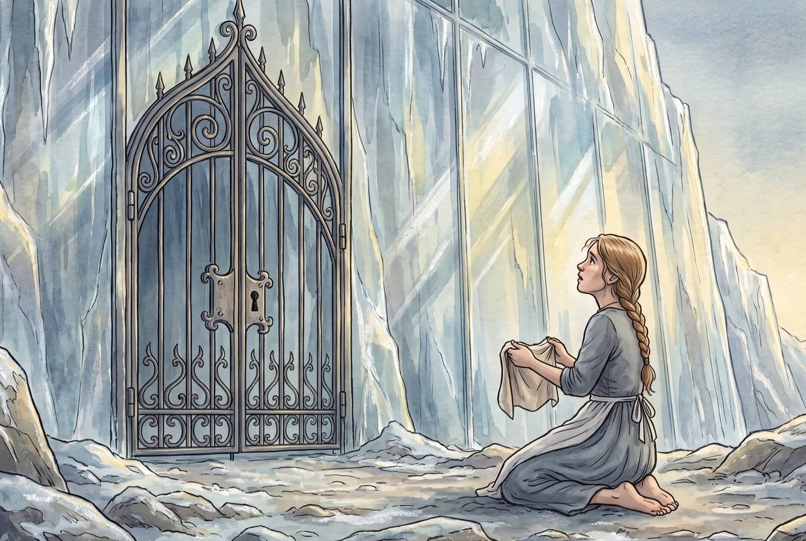 Barefoot on pale rock, a girl kneels holding an empty cloth open in both hands and looks up at a tall iron gate set in a towering wall of blue-white glass.