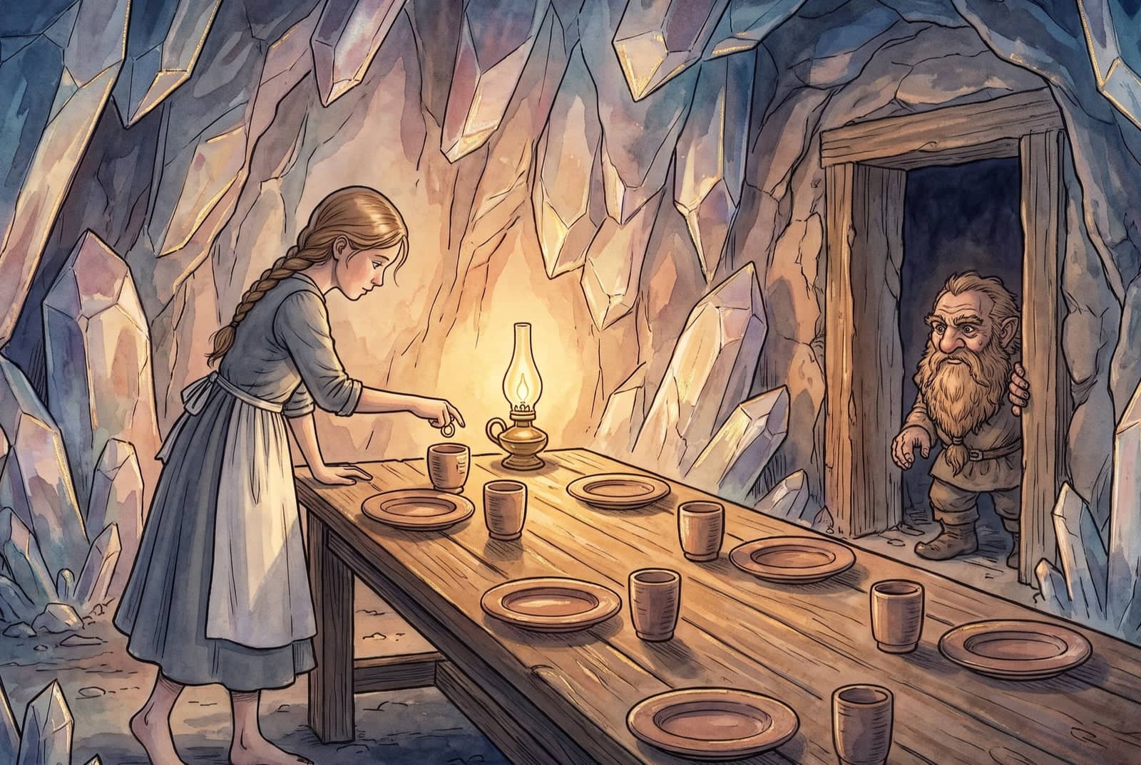 In a crystal cavern a girl leans over a long table set with plates and cups, lowering a ring into the nearest cup by lamplight while a bearded dwarf watches.