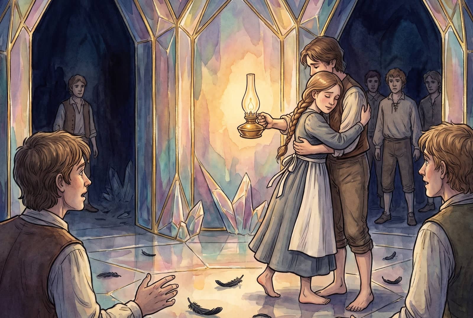 A girl holding an oil lamp hugs a young man in a hall of pale crystal, black feathers on the floor, while other young men stand around them watching.