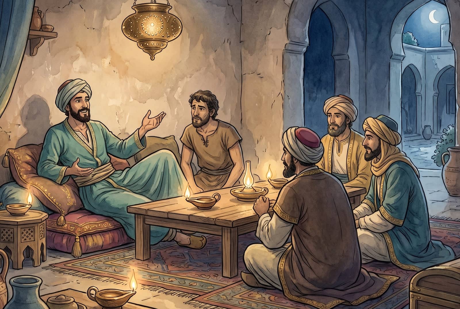A merchant reclines on cushions at a low table, one hand raised as he talks, while a plainly dressed porter and three guests listen by small oil lamps.