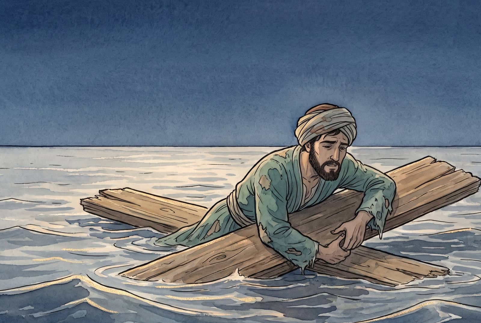 A man in a torn green robe clings to two crossed wooden planks in an empty grey sea at dusk, with no ship or shore anywhere in sight.